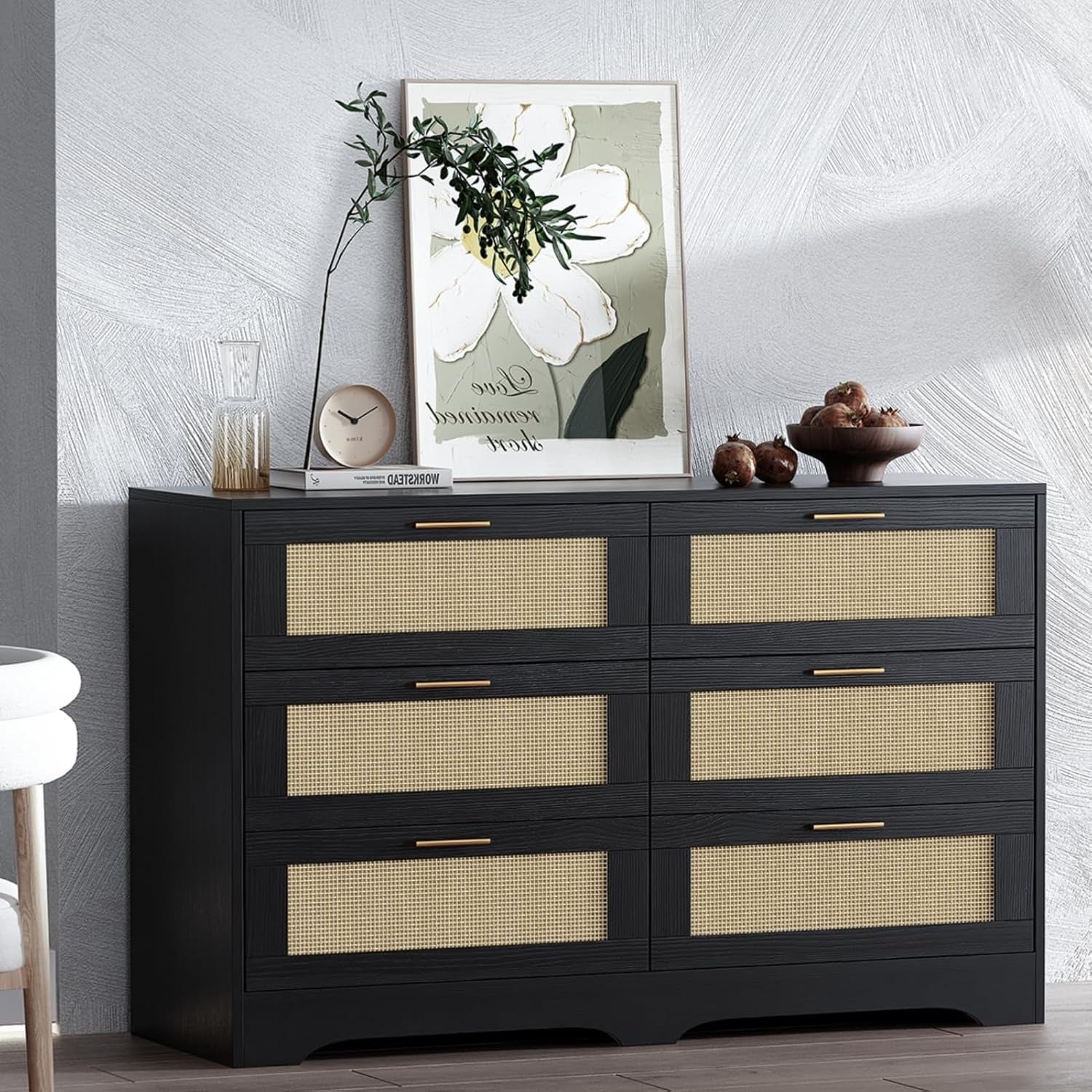 Natural Rattan Dresser for Bedroom, 6 Drawer Rattan Dresser with Gold Handles 30" Tall Double Dresser 40" Wide Wood Storage Closet Dressers Chest of Drawers for Bedroom, Living Room, Hallway