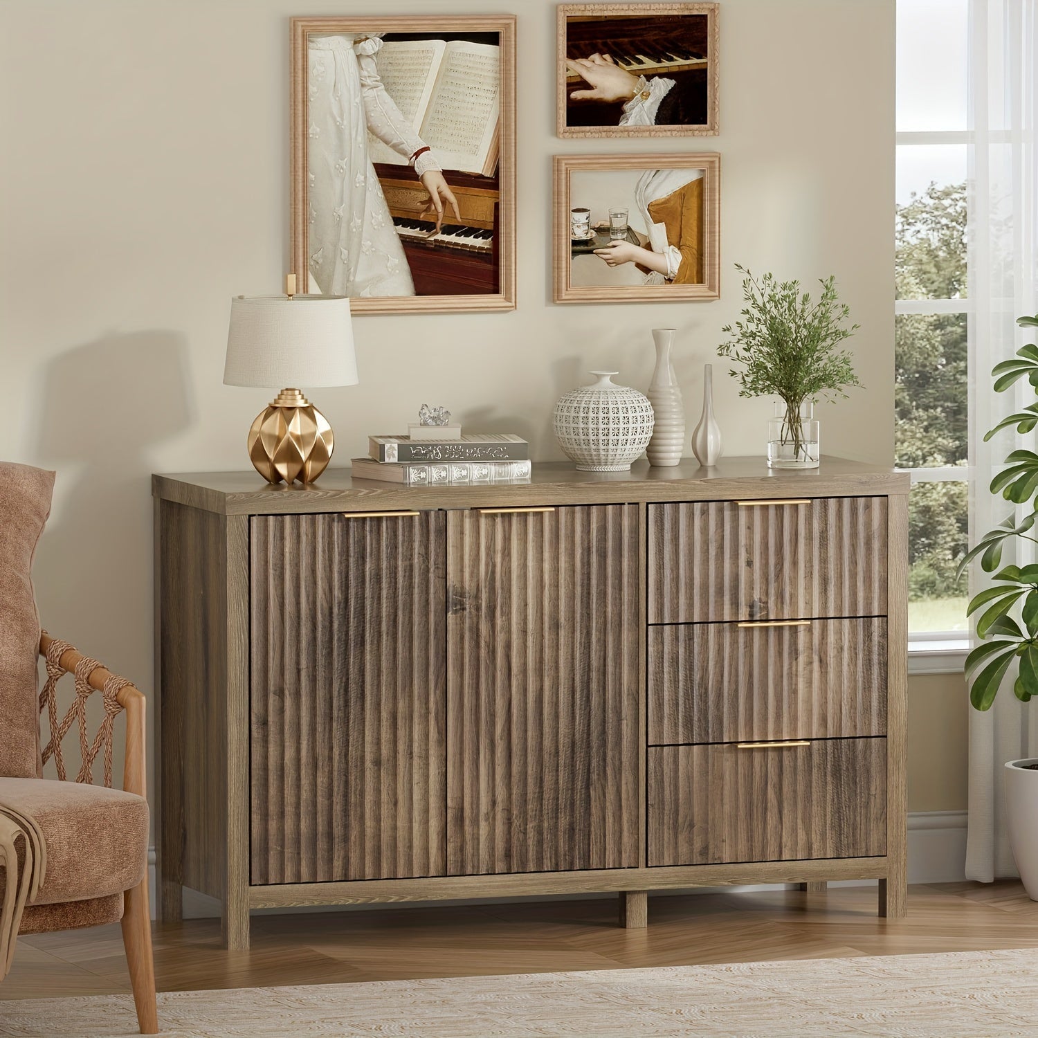 Fluted 3 Drawer Dresser For Bedroom, Modern Vintage Wooden Chest Of Drawers With Shelves, TV Stand Of Drawers