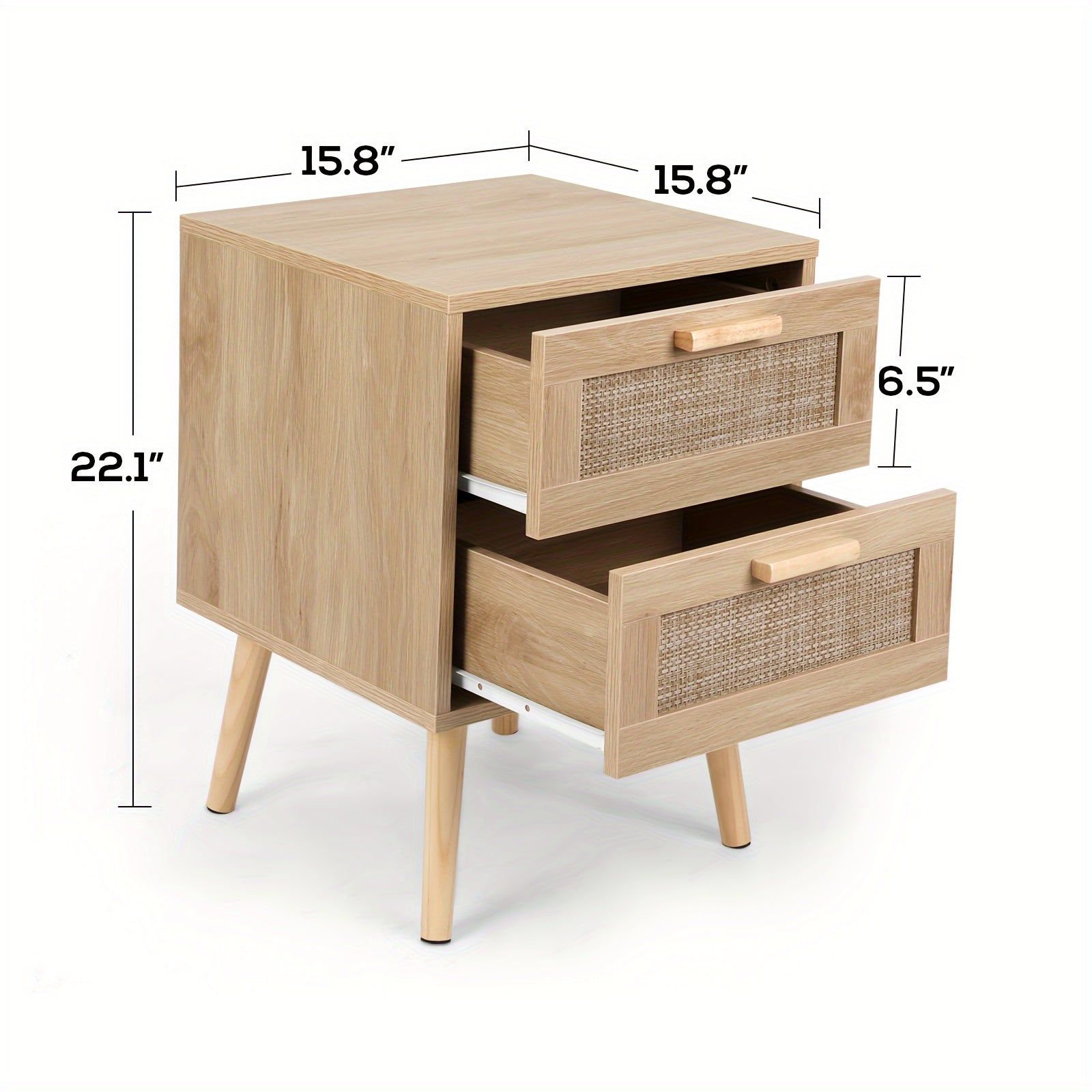 2pcs Rattan Nightstand Set, Wooden End Table With 2 Drawers, Solid Wood Legs, Bedroom Side Table With Handmade Rattan Accents, Smooth Slide, Easy Assembly For Home Decor