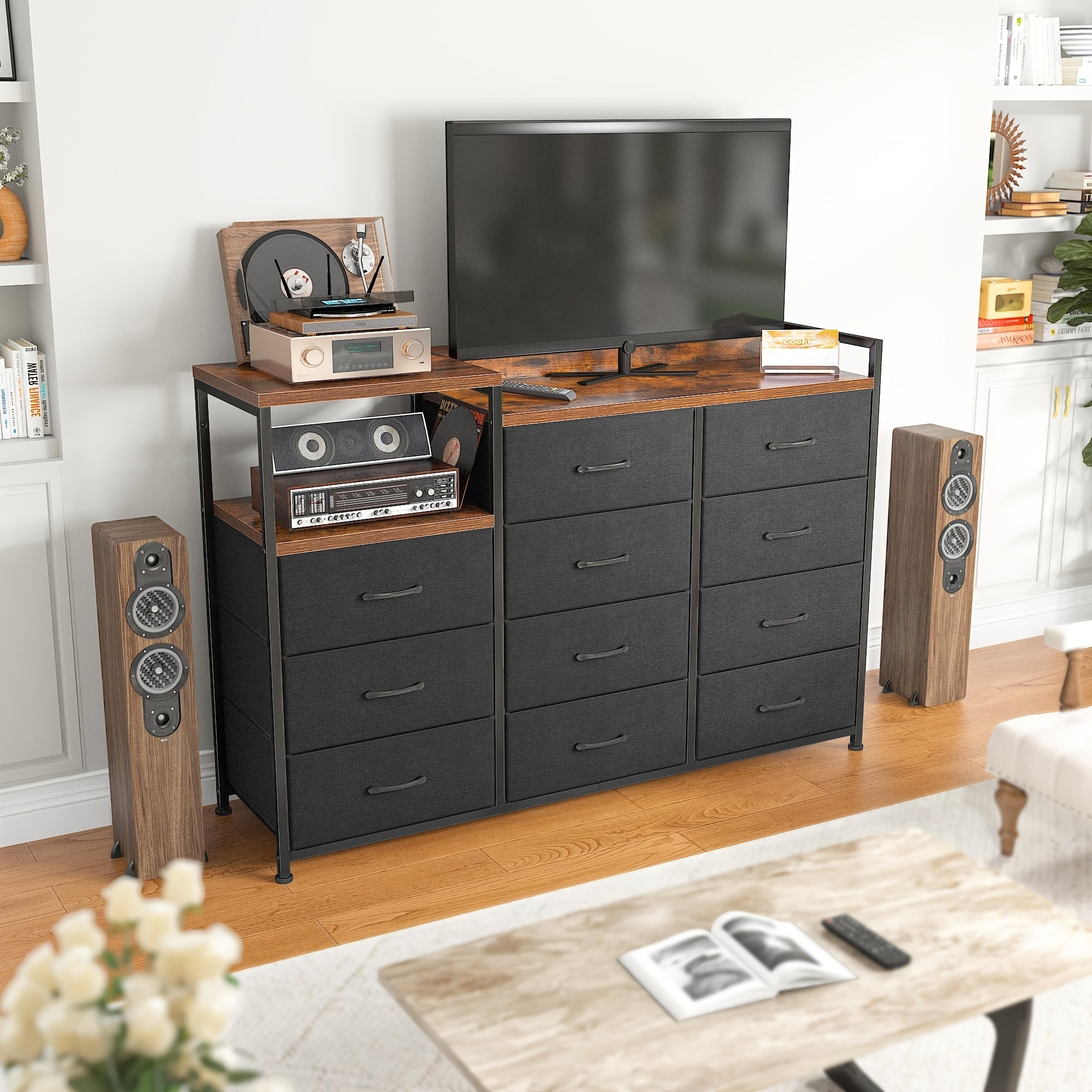 Dresser For Bedroom With 11 Drawers, Dresser TV Stand With Shelves, Long Dressers & Chests Of Drawers, Wide Dresser For Bedroom Dresser With Sturdy Metal Frame & Wood Top, Black