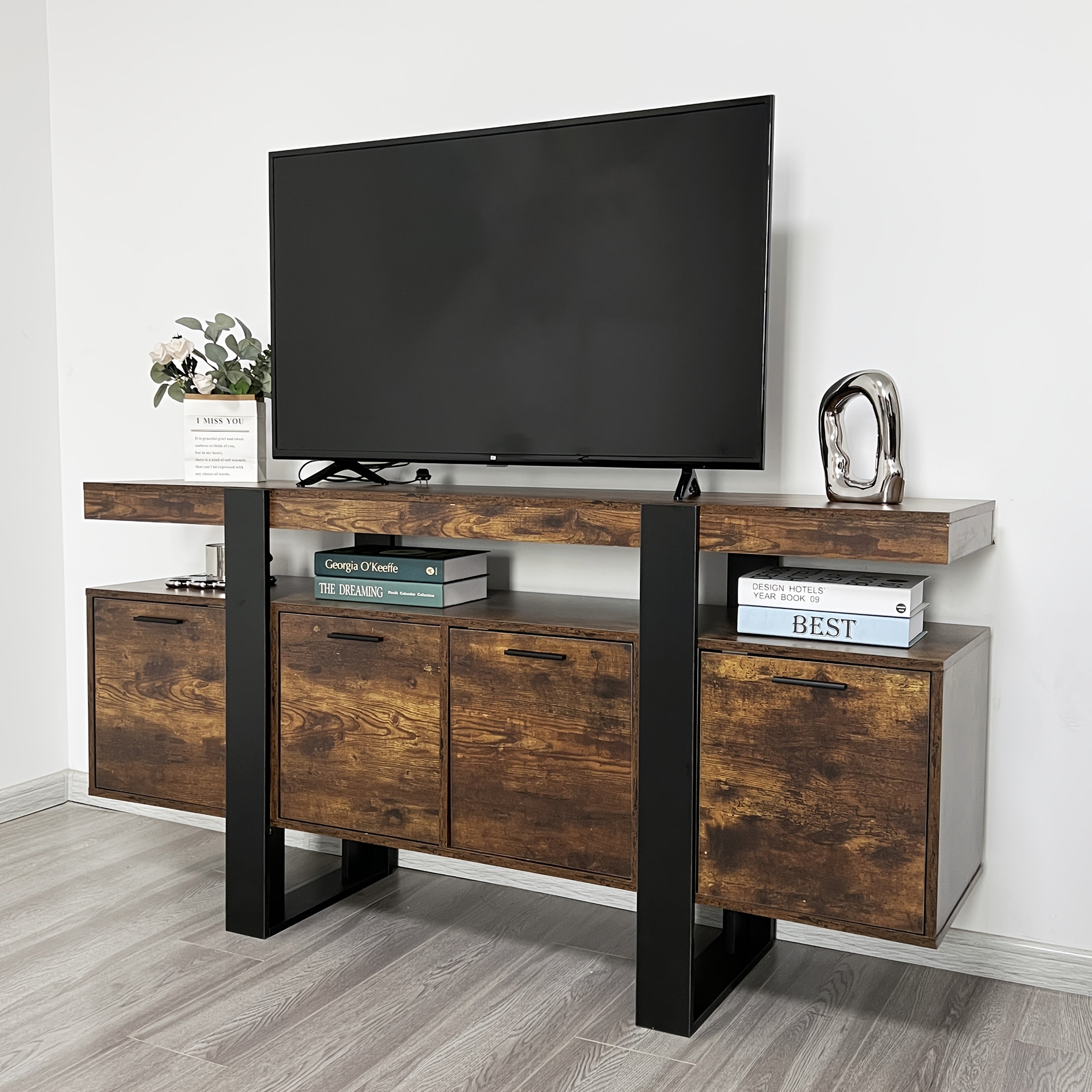 Rustic Brown TV Stand for 140-152cm TVs - Mid-Century Modern Entertainment Center with Storage, Freestanding Wooden Console for Living Room