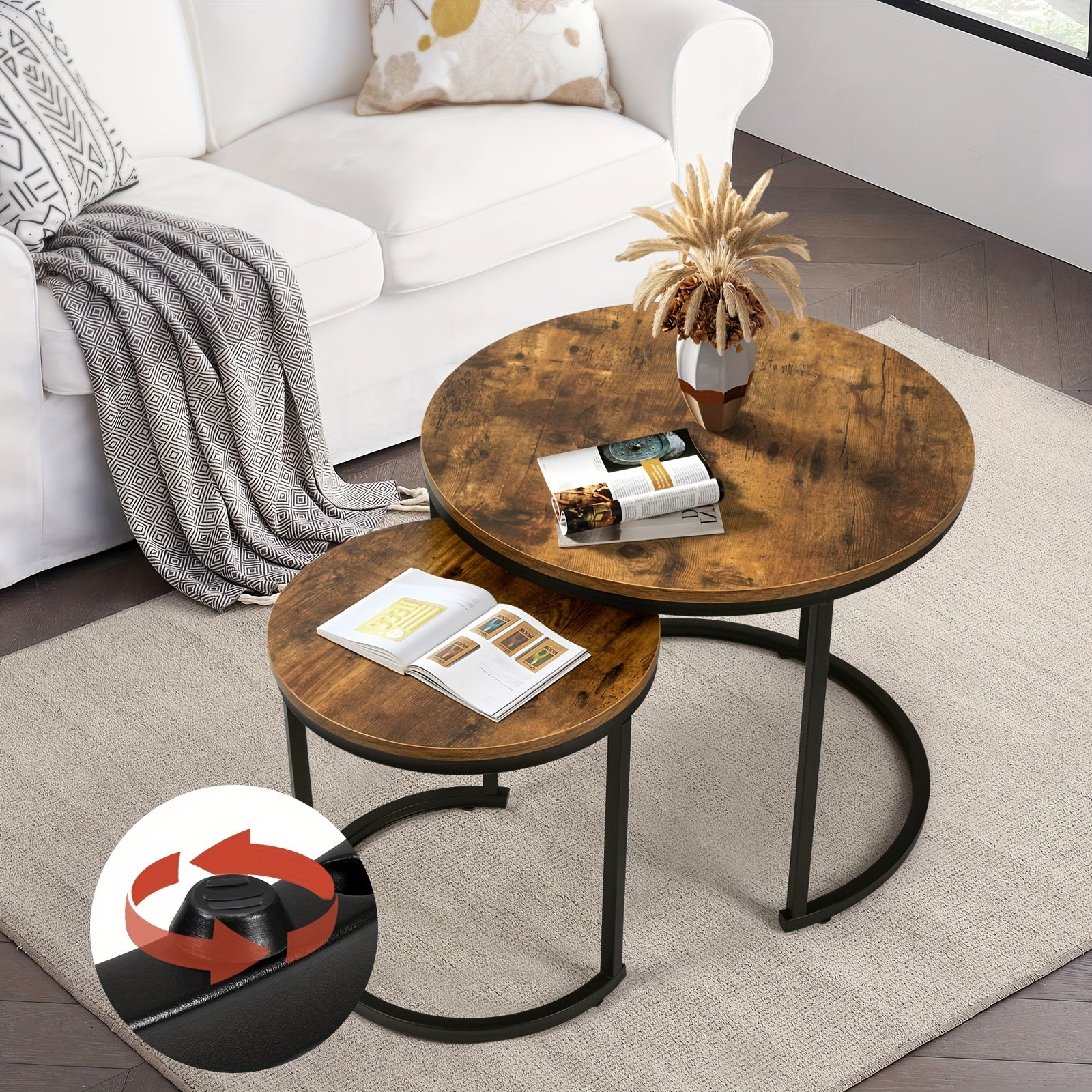 Coffee Tables for Living Room - Small Round Set of 2, Center Table with Solid Wood Grain Table Top and Sturdy Metal Frame, Nesting Tables for Small Spaces, Easy to Assemble