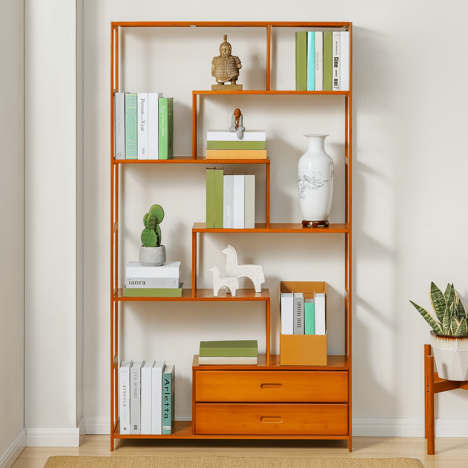 Magshion Bamboo 7 Tiers 2 Drawers Bookshelf, Books Display Storage Bookcase, Brown, for Home