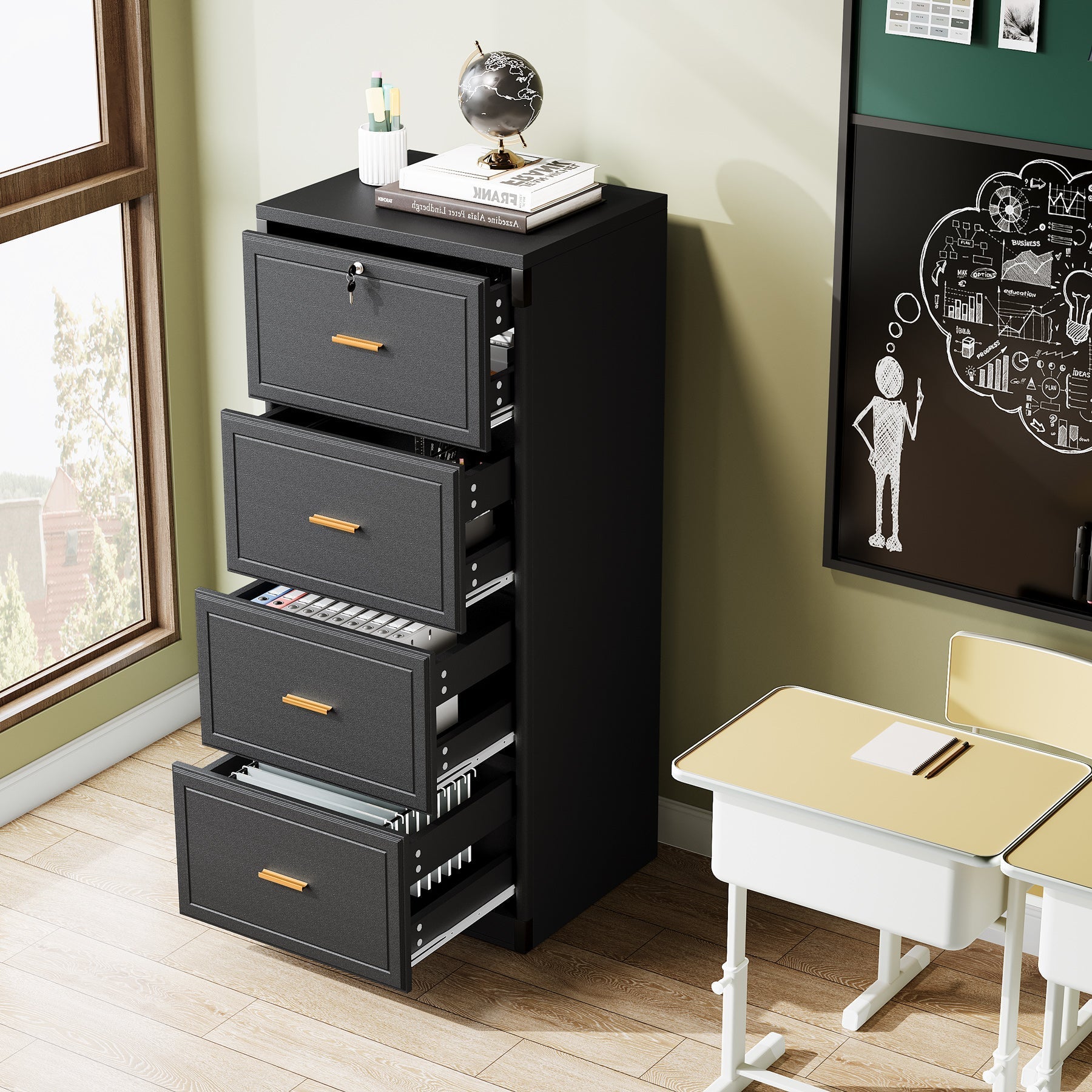 130 cm File Cabinet, Vertical Filing Cabinet with 4 Storage Drawers