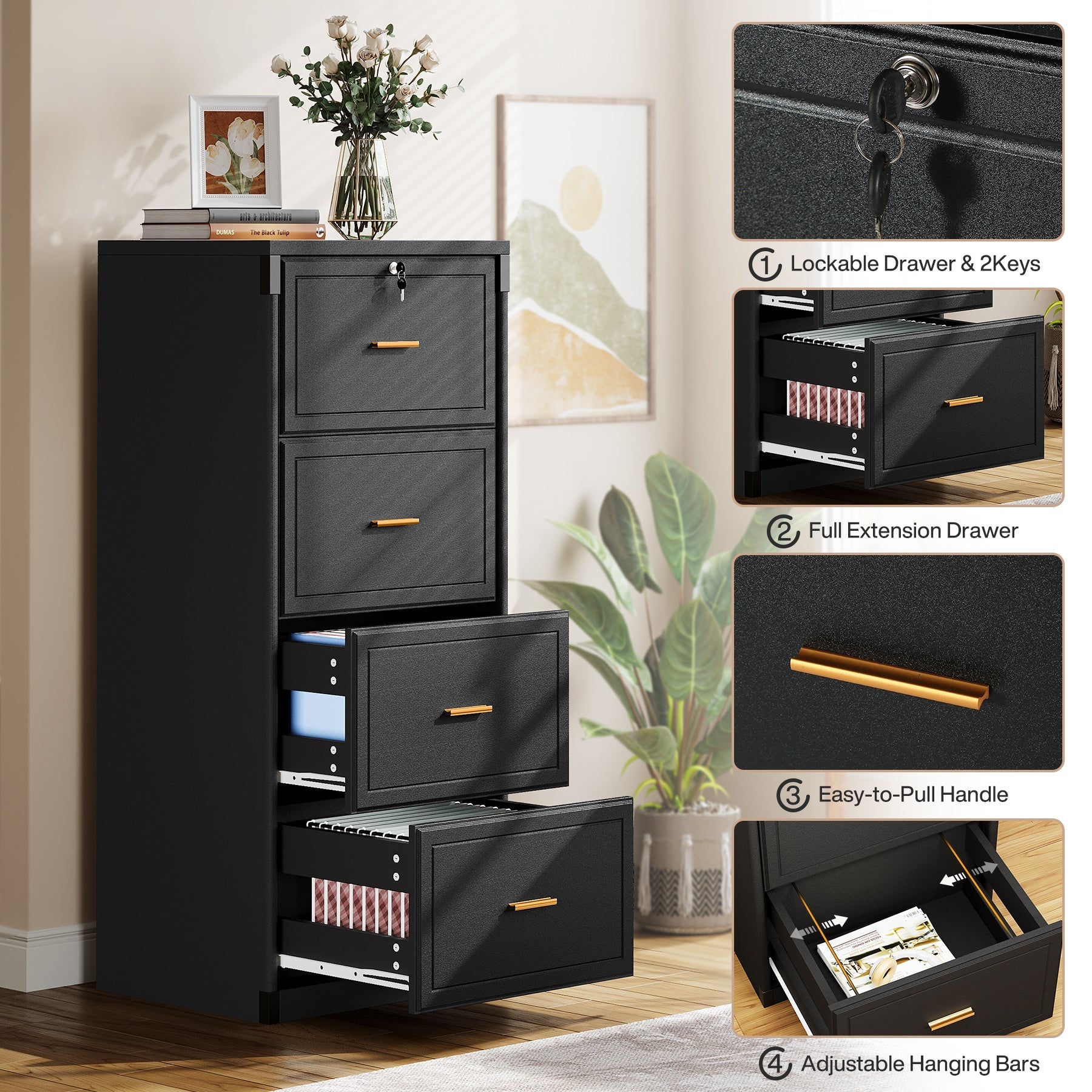 130 cm File Cabinet, Vertical Filing Cabinet with 4 Storage Drawers