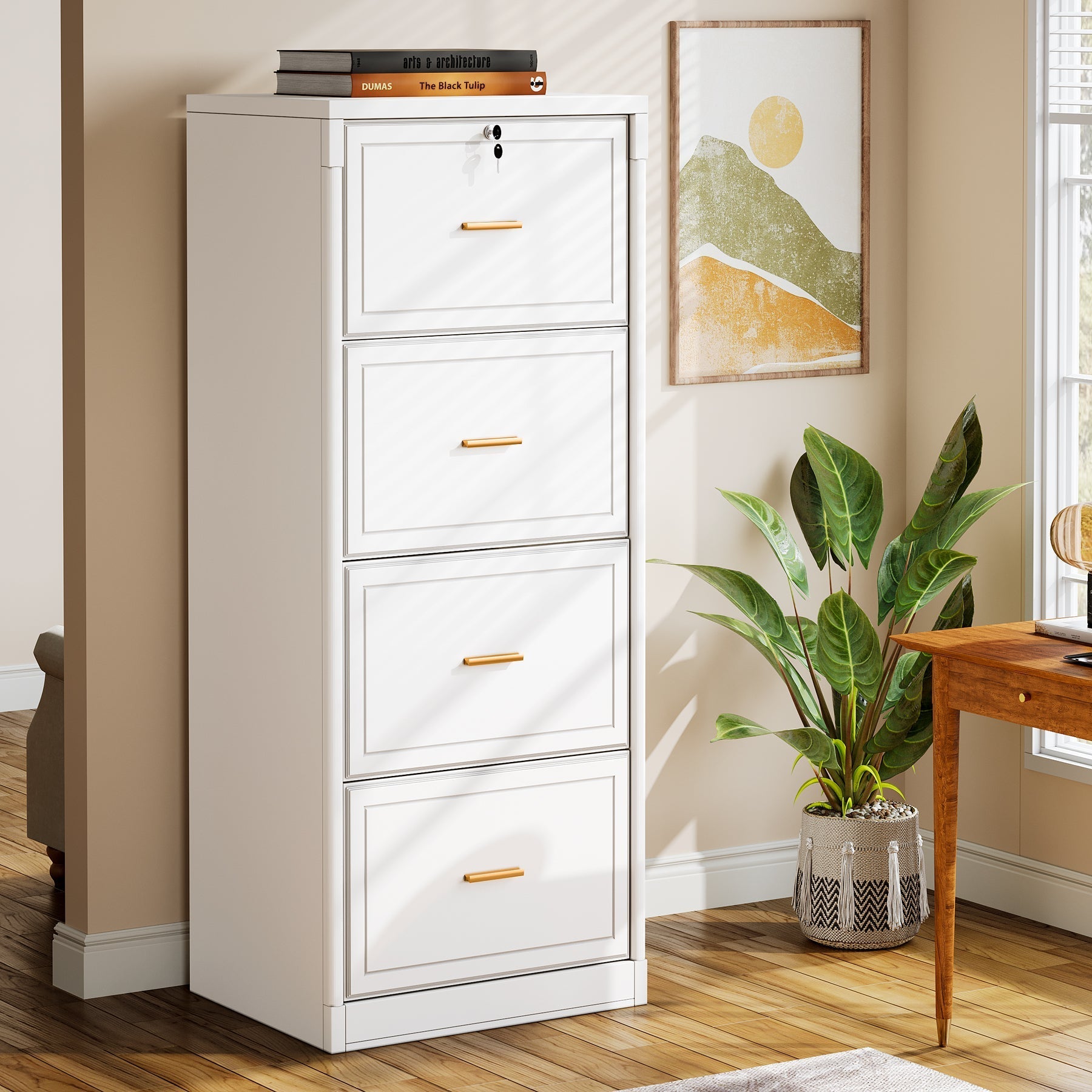 130 cm File Cabinet, Vertical Filing Cabinet with 4 Storage Drawers