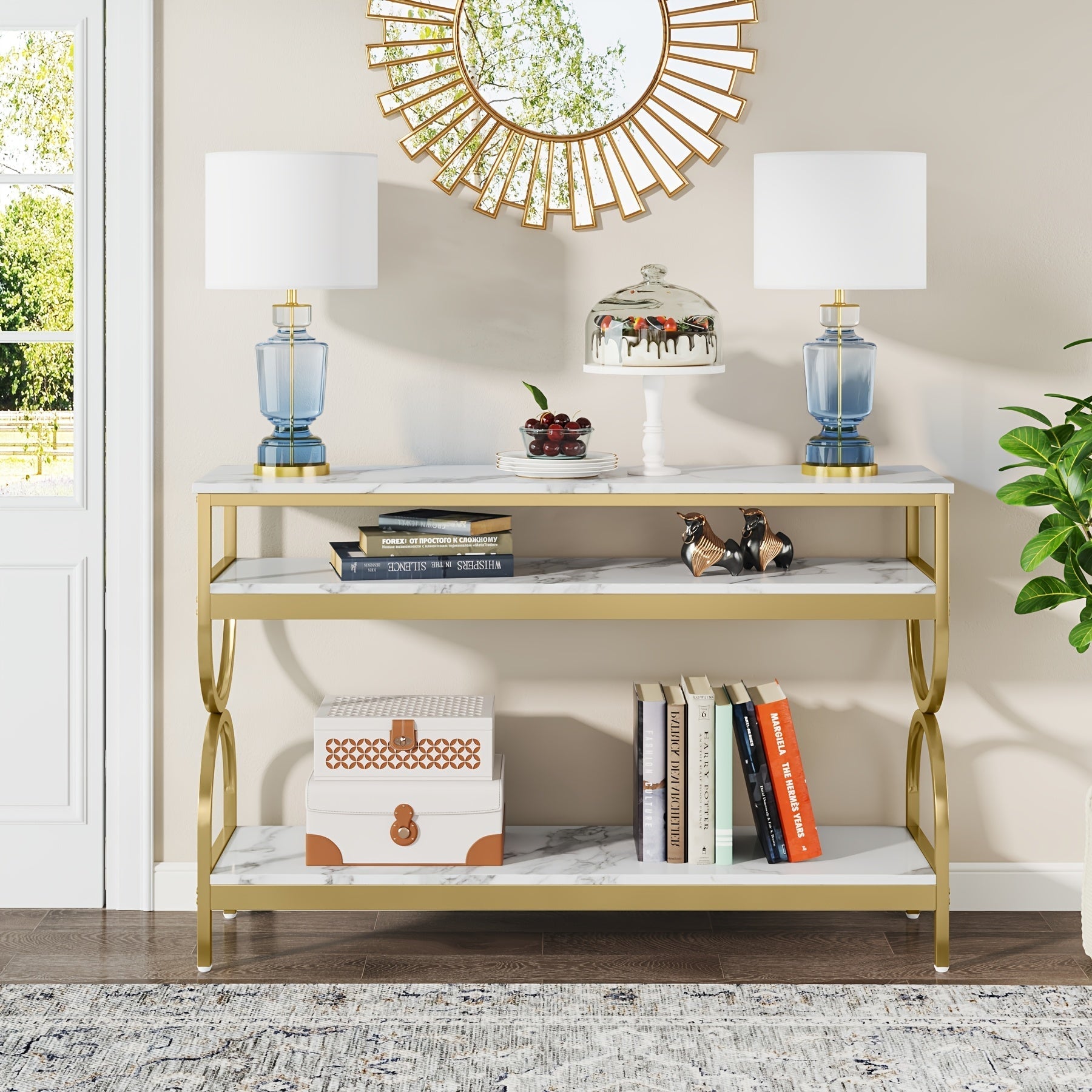 Elegant 140 cm White & Golden Console Table with Faux Marble Top - 3-Tier Open Storage Shelves, Sturdy Wood & Iron Construction, Ideal for Entryway, Living Room Decor, Table Decor