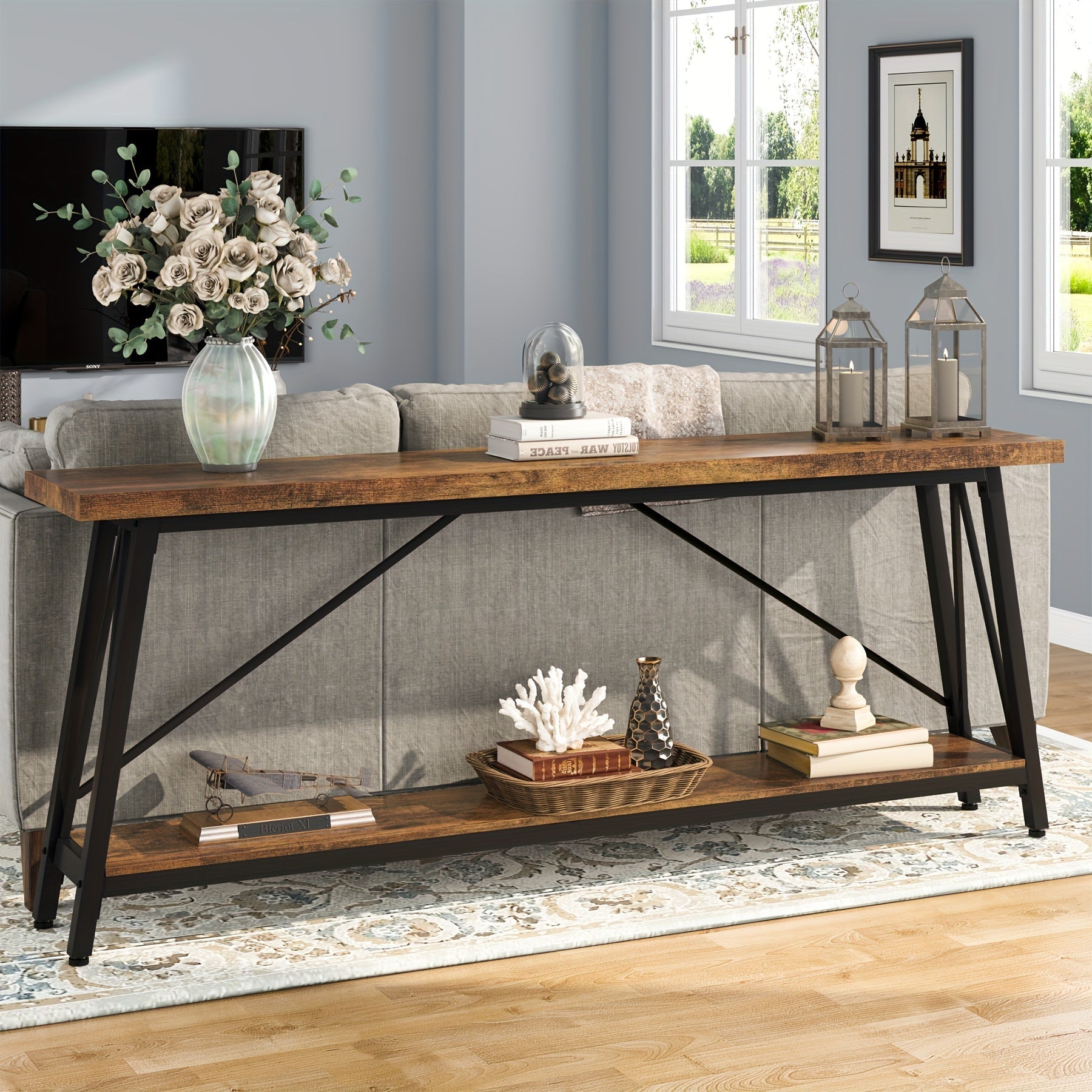 180 cm Extra Long Sofa Table Behind Couch, Industrial Entry Console Table for Hallway, Entryway & Living Room, Rustic Brown