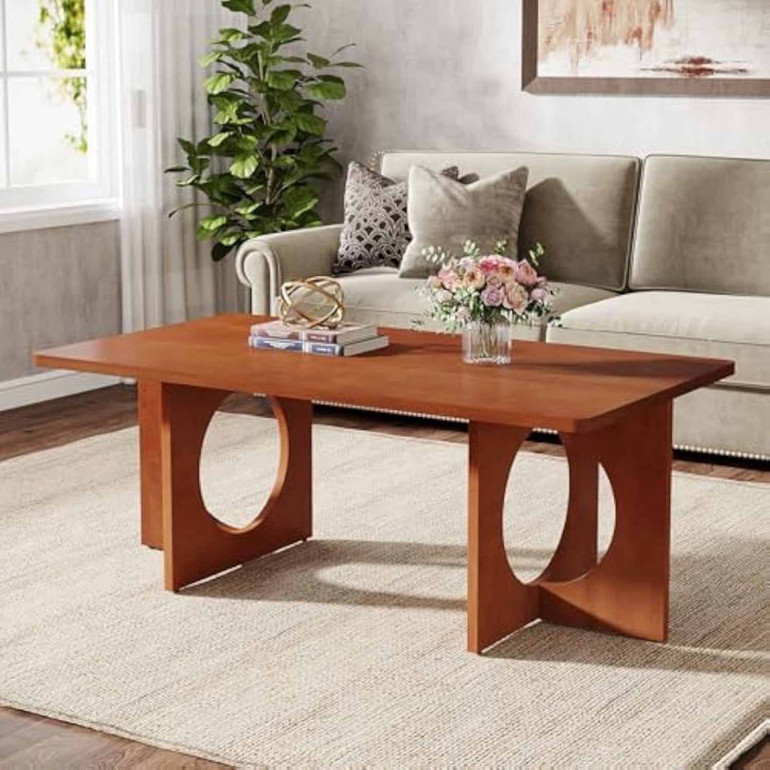 Chic 120cm Rectangle Coffee Table with Geometric Base - Heavy-Duty, & Scratch-Resistant Wooden Centerpiece for Living Room