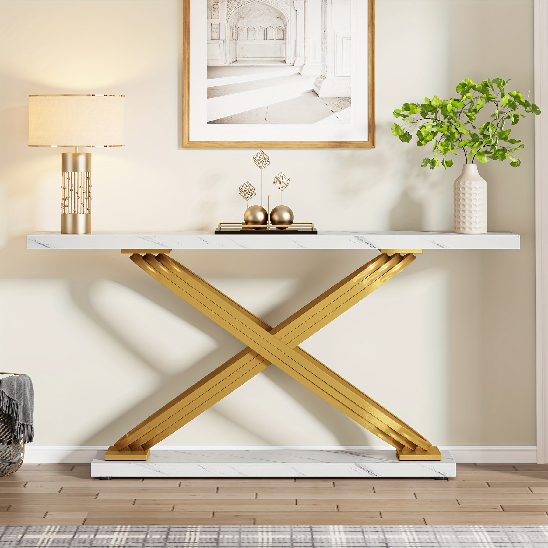 140 cm Modern Console Table, Faux Marble Gold Entryway Table Behind Sofa Couch, Narrow Rectangular Sofa Table for Living Room, Bedroom, Front Hall, Hallway, Gold & White, Halloween Decor, Autumn, Harvest, Christmas