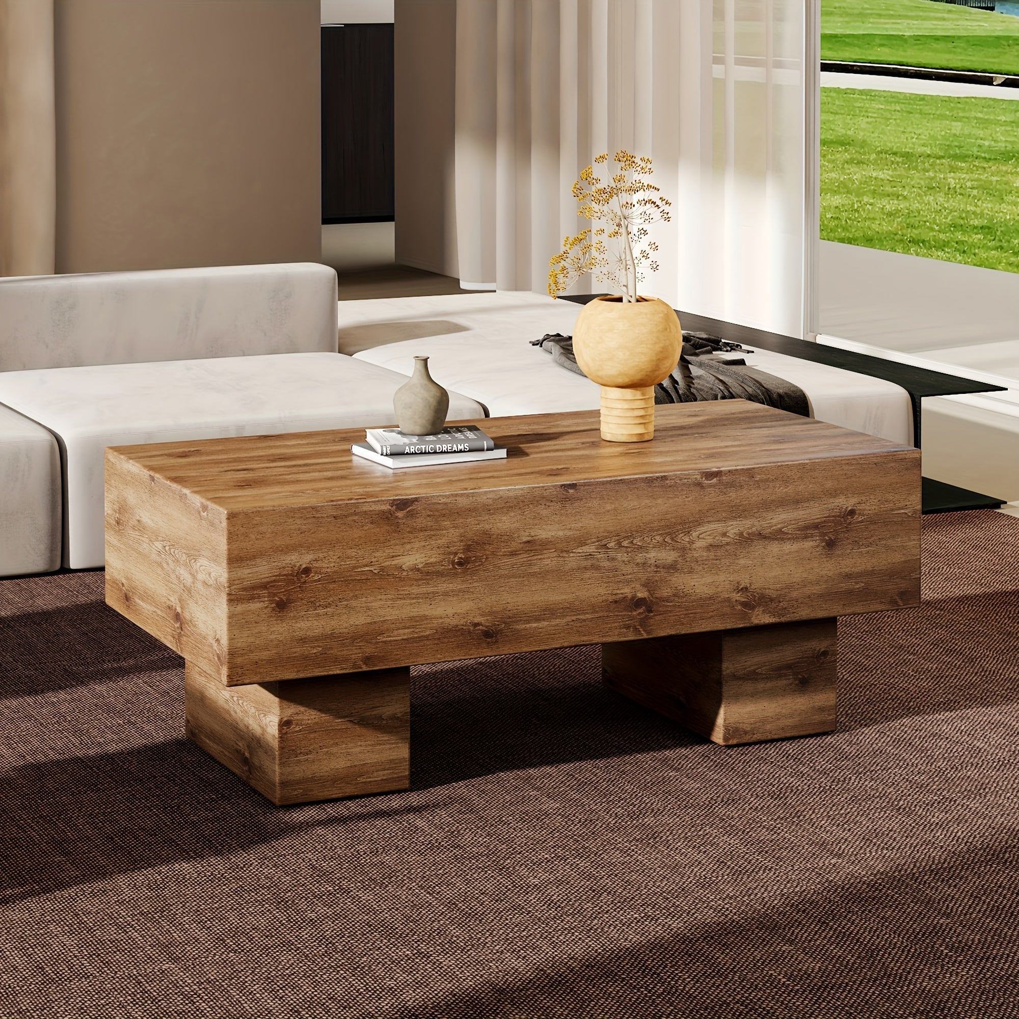 Farmhouse Coffee Table Modern MDF Rectangular Living Room Table Wood MDF Top Rustic Large 43.3 Inch Center Cocktail Tables (Brown)