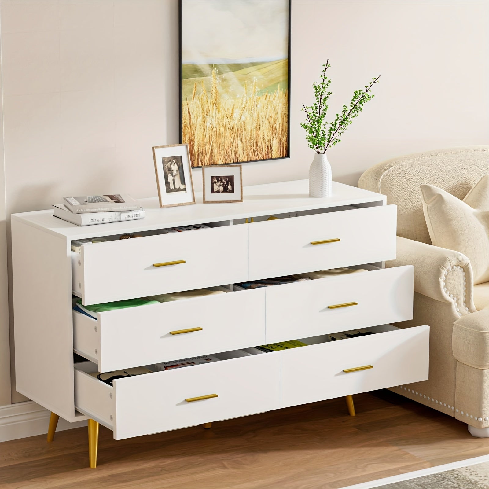 6-Drawer Dresser, Modern Wooden Chest with Wide Drawers, Golden Metal Handles, Ample Storage, ≥3.2 Cubic Feet Capacity, ≥27" Height, with No Electricity Required, for Bedroom, Hallway, Entryway, Storage Drawer U