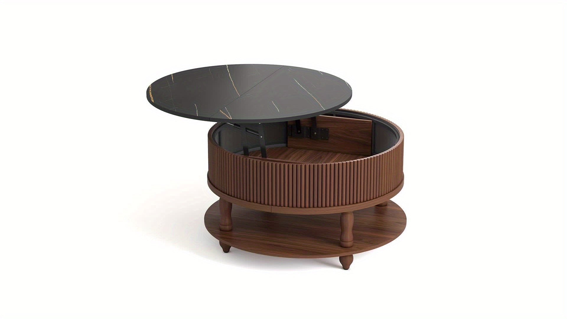 Round Coffee Table with Lifting Top, Mid Century Modern Coffee Table with Storage, Wood Circle Coffee Table for Living Room, 31.5" 2-Tier Small Center Table (Marble + Walnut)