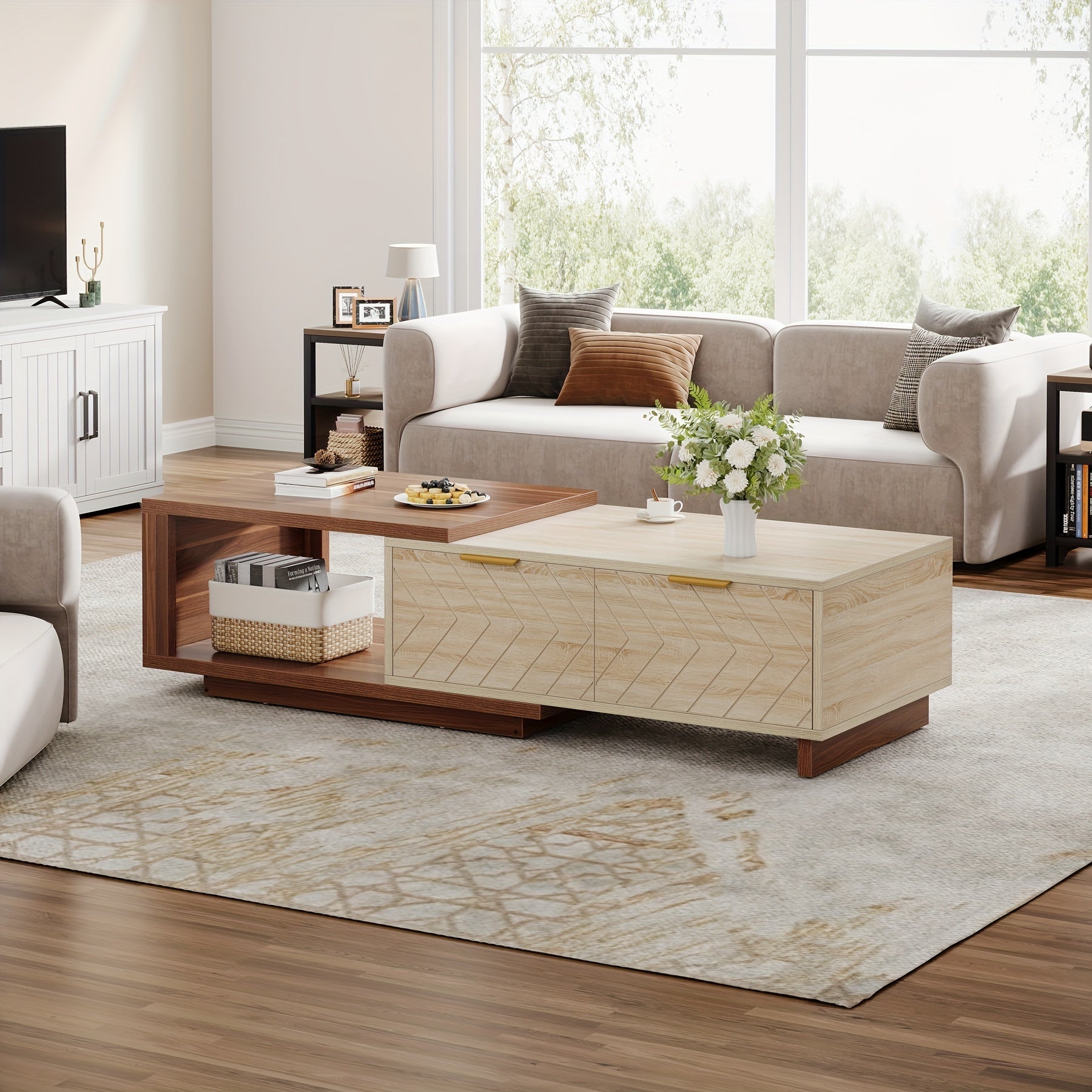 Expandable Wooden Coffee Table With Dual Storage Drawers, Featuring Dual-Tone Centerpiece & Sliding Tabletop, Versatile Hidden Compartment Rectangle Cocktail Table Ideal For Living Spaces