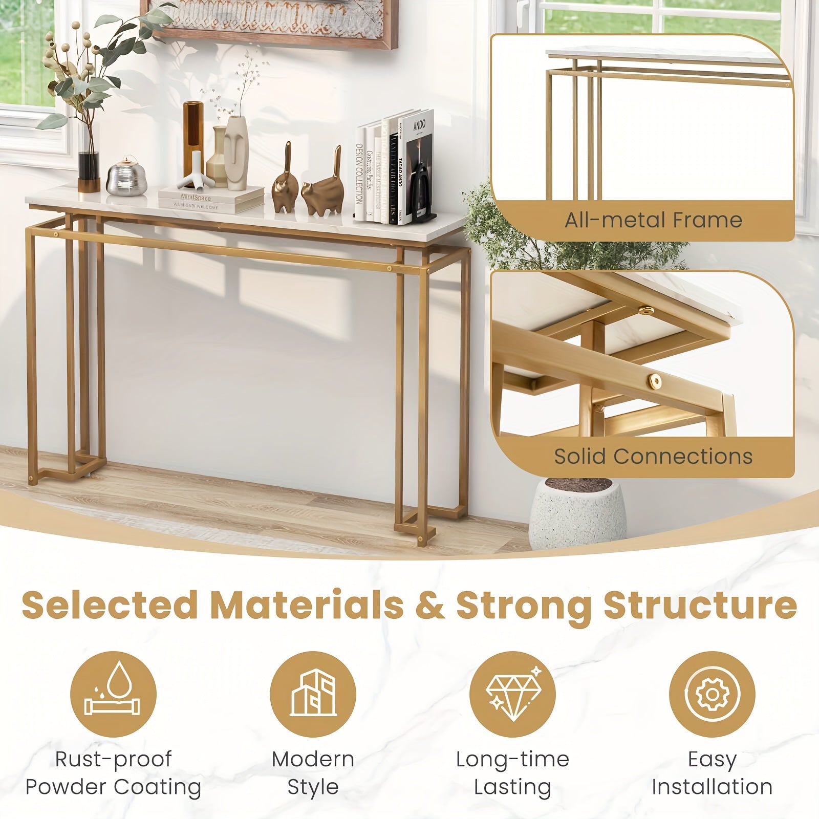 Elegant 120 cm White Faux Marble Top Console Table with Golden Metal Frame - Modern Entryway Table with Anti-Toppling Kit, Adjustable Feet for Stability, Waterproof & Durable - Perfect for Decor & Everyday Use, Console Table for