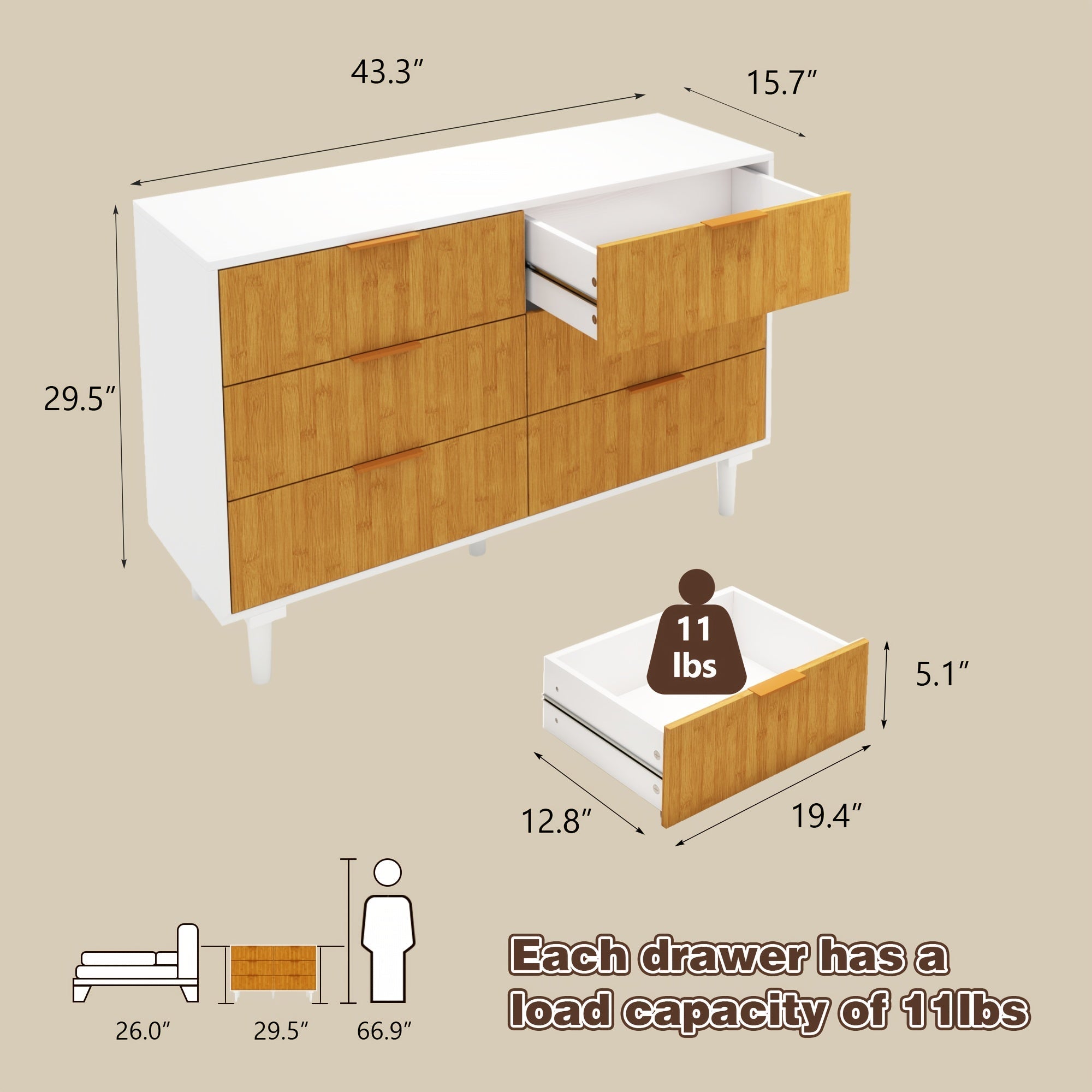 Natural Wood 6 Dressers Modern Chest Of Drawers Wide White Wood Storage Closet Dresser 6 Drawer Double Dresser For Hallway Bedroom, Living Room, Nursery