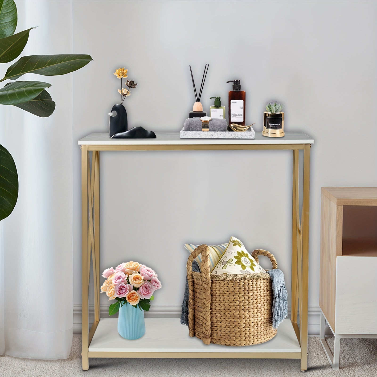 2-Tier Console Table, Golden Sofa Entry Table with White Top and Golden Metal Frame for Home (cm)