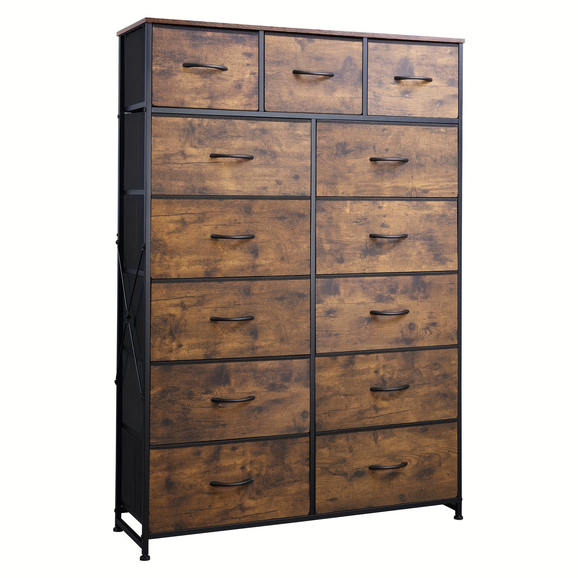 Tall Dresser for Bedroom with 13 Drawers, Storage Dresser Organizer Unit, Fabric Dresser for Bedroom, Closet, Chest of Drawers, Steel Frame, Wood Top, Charcoal Black Wood Grain Print