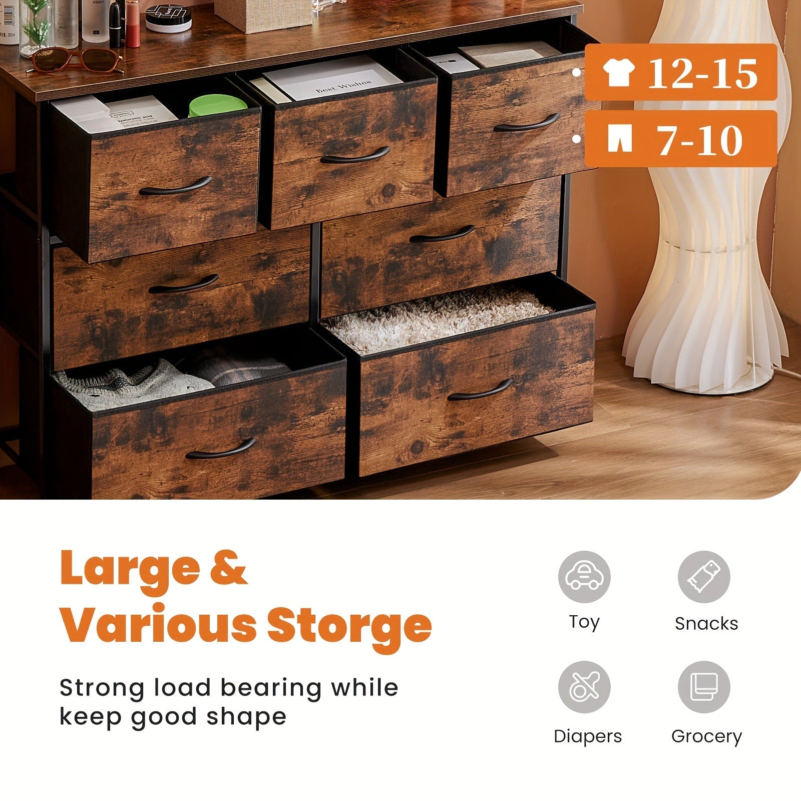 Dresser for Bedroom with 7 Fabric Drawers, Chest Organizer Units for Clothing, Closet, Storage Tower with Cabinet, Metal Frame, Wooden Top, Lightweight Nursery Furniture