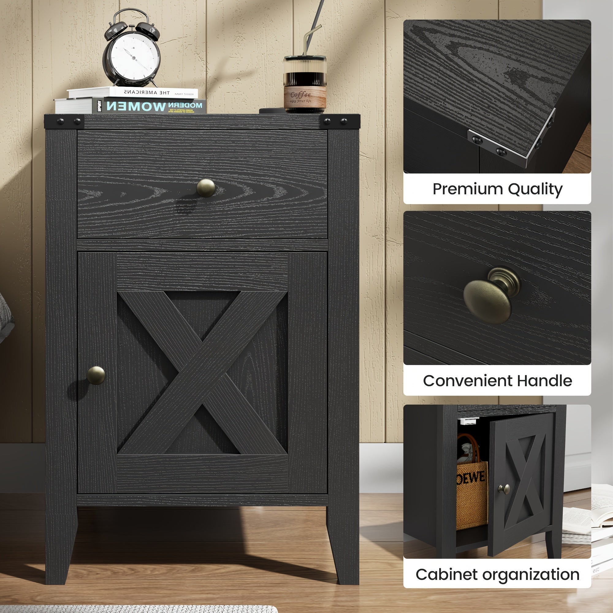 Farmhouse 60cm H Black Nightstand, Bed Side Table With Drawers & Storage Cabinet, End Table (1 PC/ 2 PCS) Black