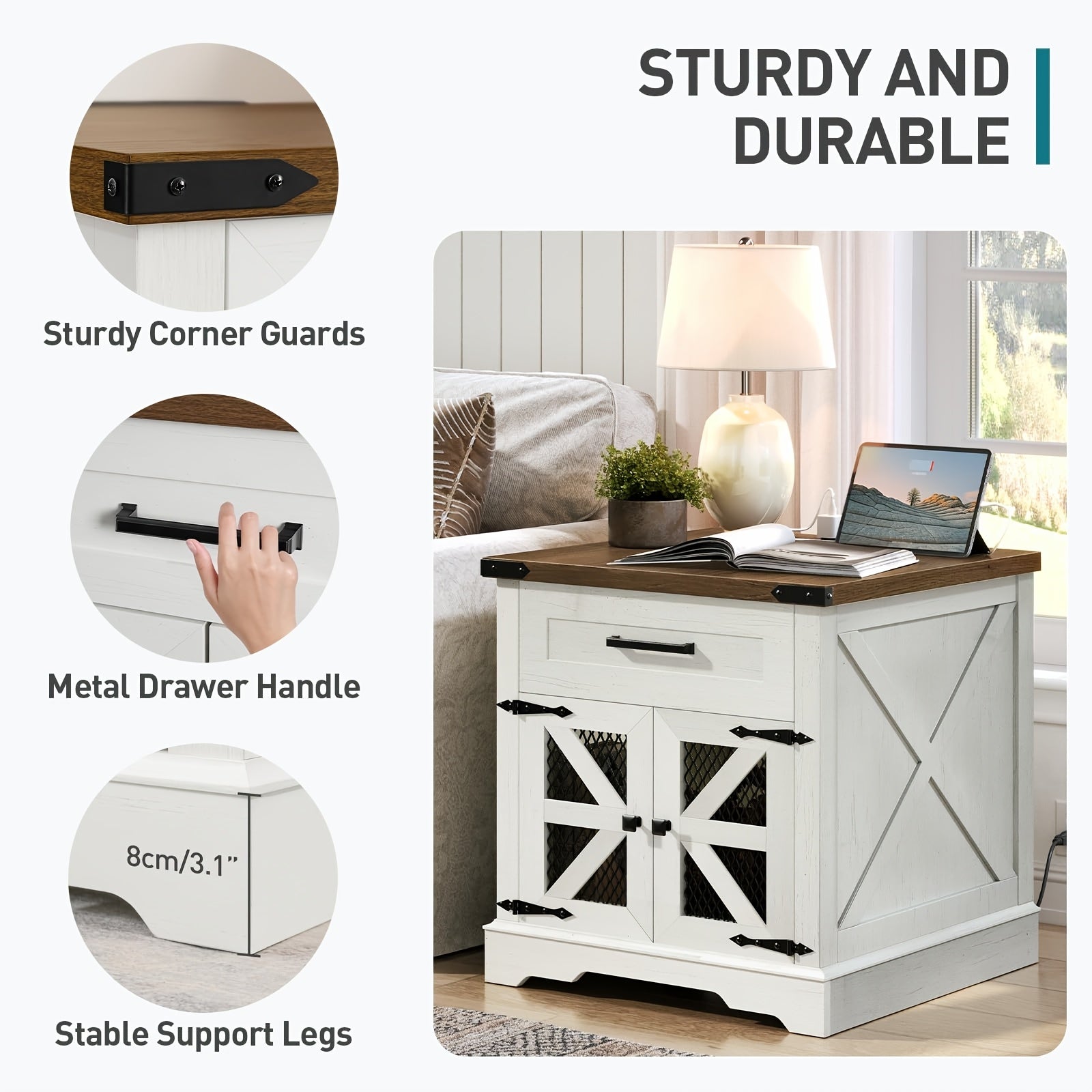 White Farmhouse End Table With Charging Station, 24" Large Sofa Side Table With Drawer, Large End Table For Living Room, Wooden Nightstand With Outlet, Square, White And Walnut