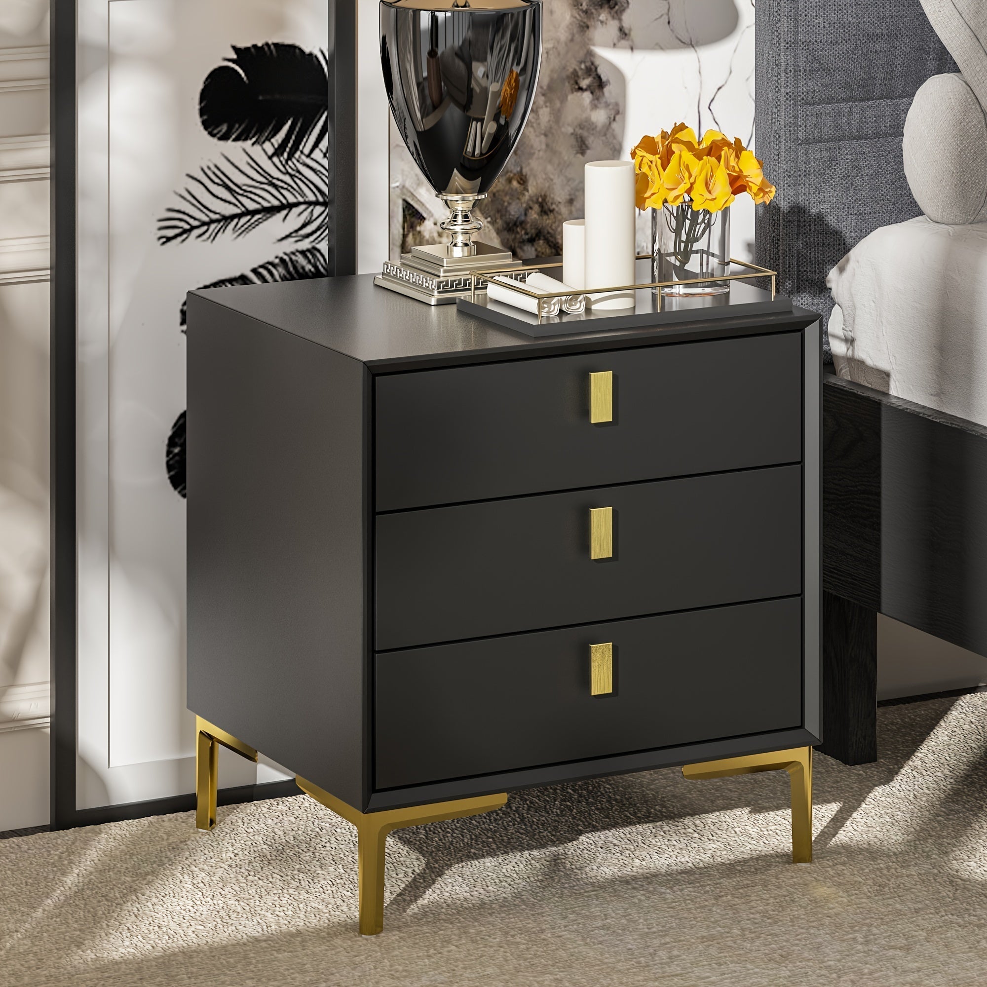 50cm Night Stand with 3 Deep Drawers, Modern Side Table with Metal Handles & Legs