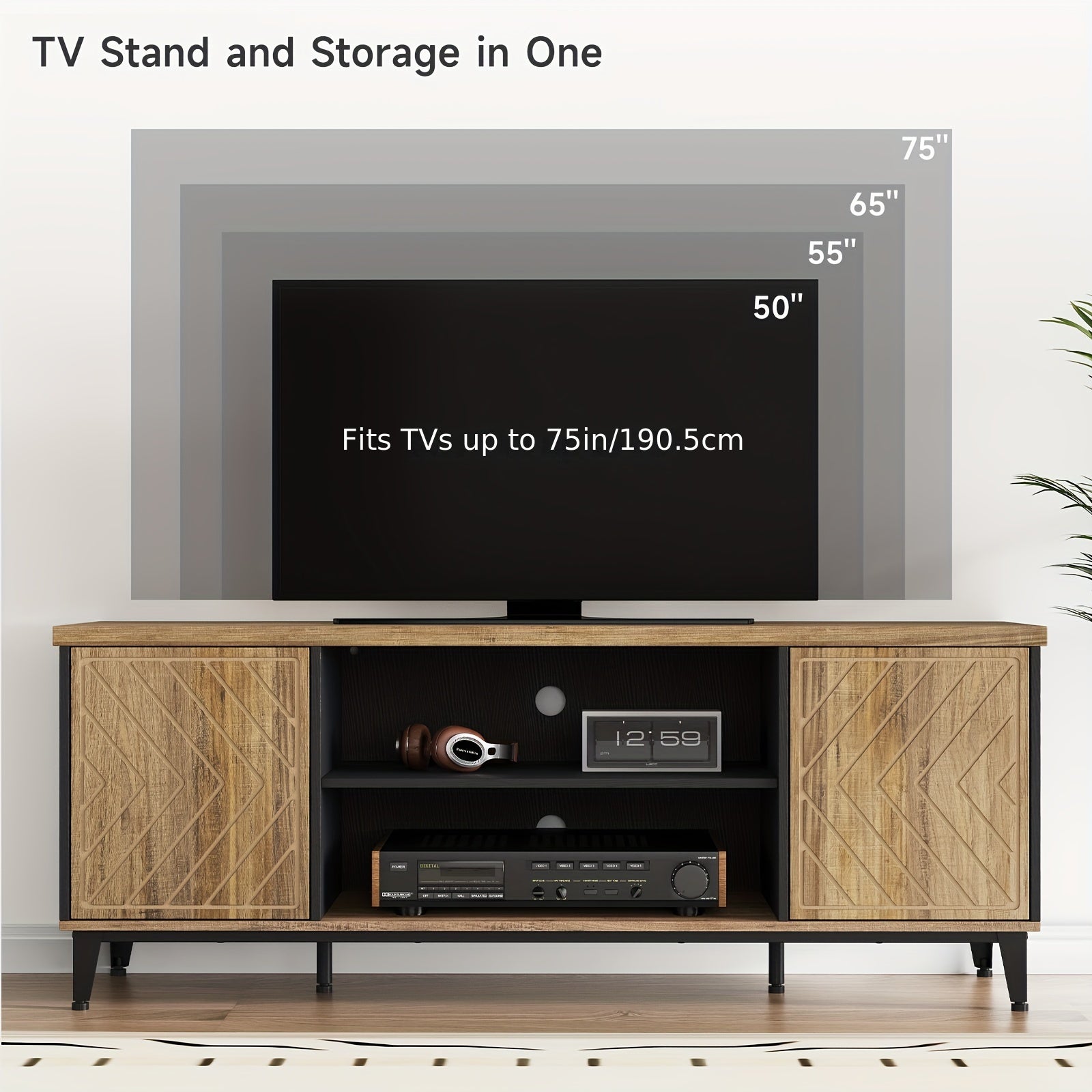 Mid-Century Modern TV Stand for 65" TV - Sleek Wooden Console with Storage, Freestanding Design, Under 69cm Tall