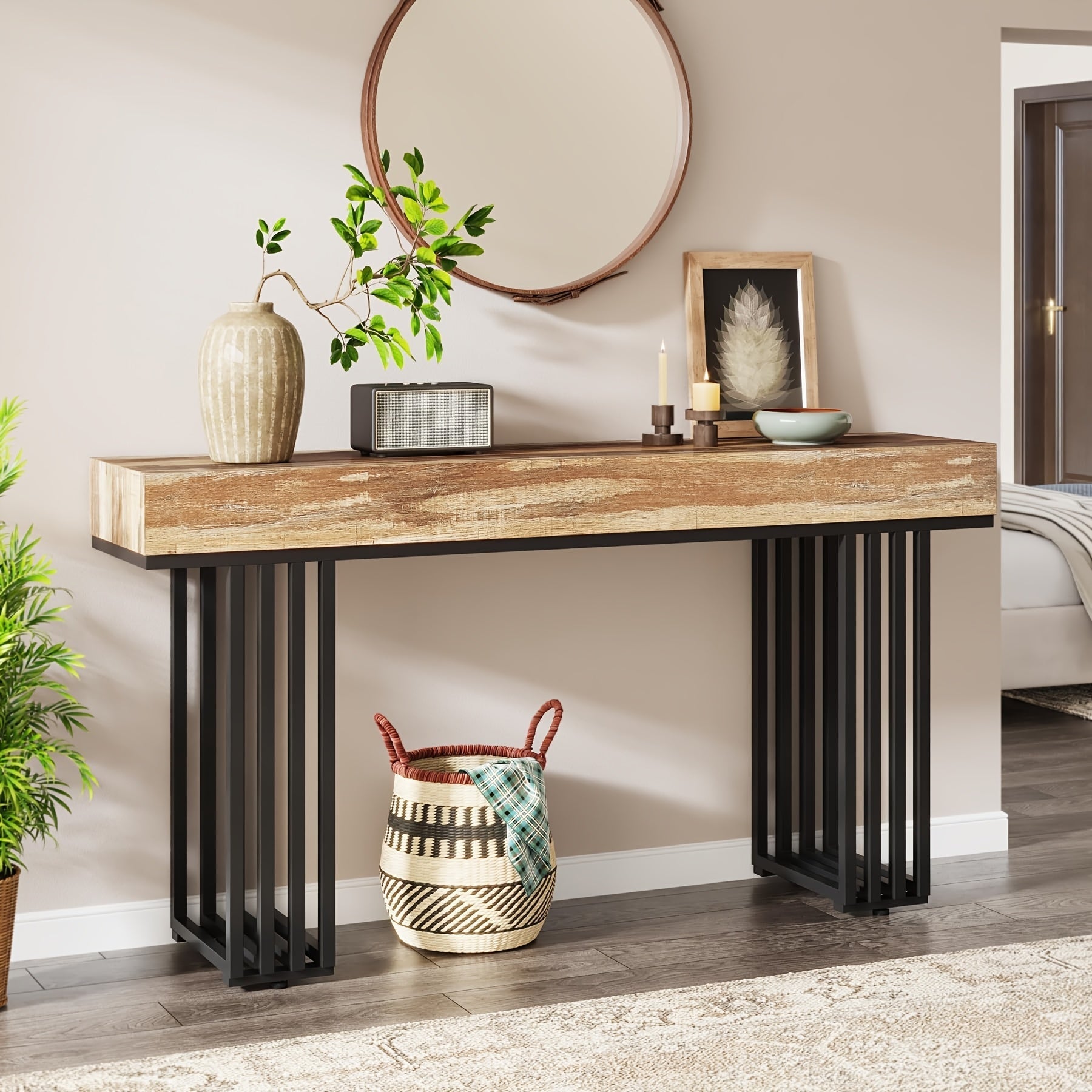 140 cm Industrial Console Table with Rustic Hardwood Top and Stylish Metal Frame - Space-Saving Design for Entryway, Living Room, or Hallway Decor, Adjustable Foot Pads for Stability