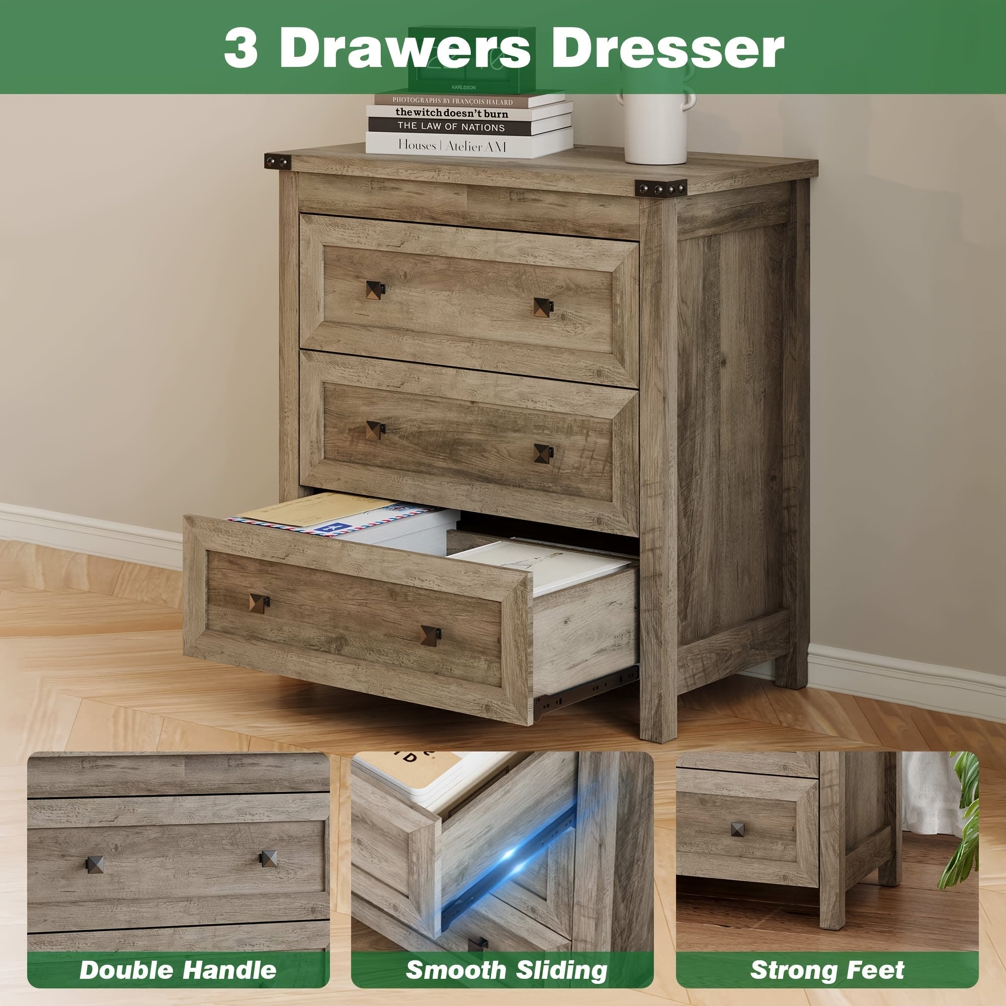 Dresser for Bedroom with 3 Drawers, Small Chests of Drawers, Farmhouse Wood Tall Nightstand Bedside End Table, Modern Closet Clothes Storage Drawer Organizer for Living Room, Entryway, Hallway