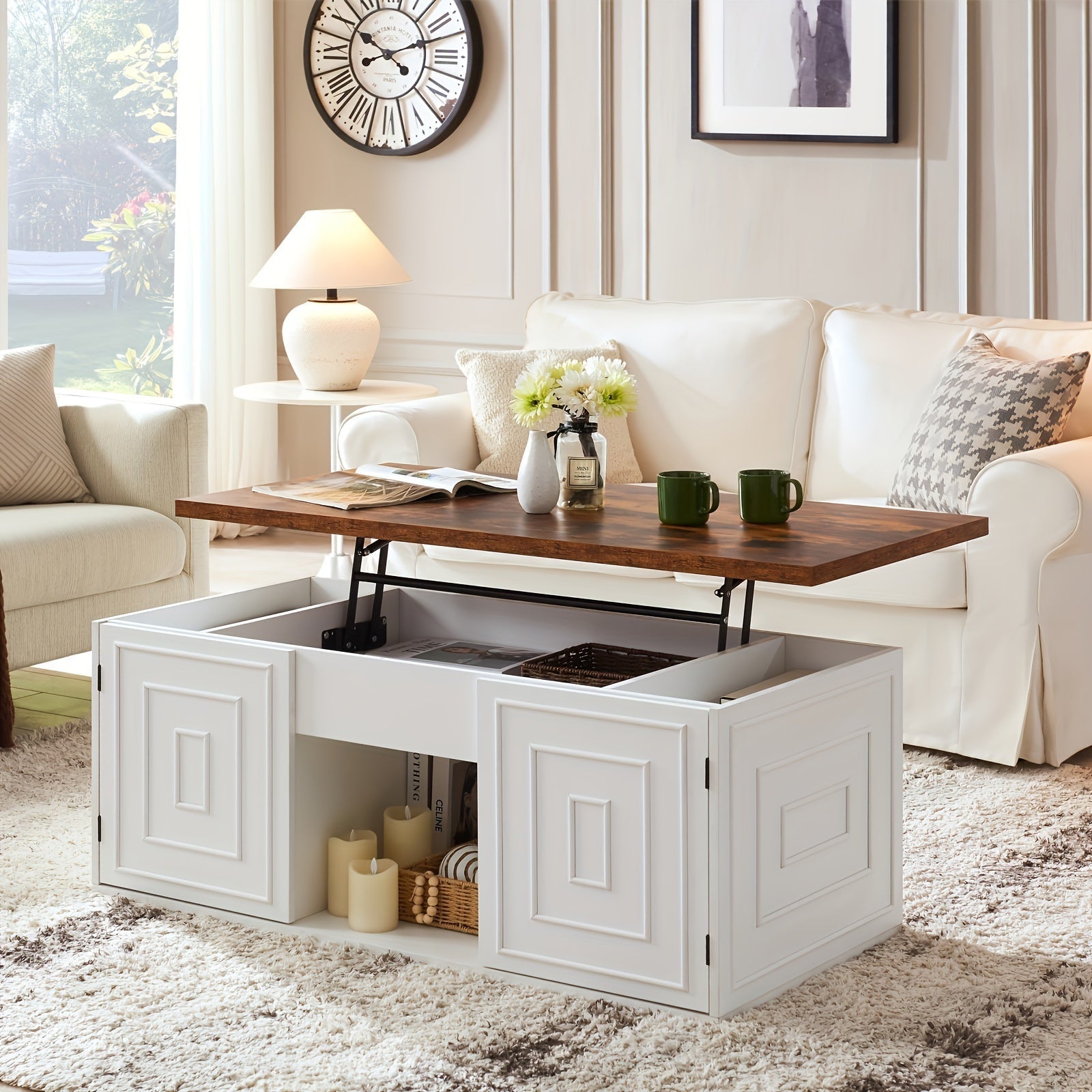 Coffee Table With Storage, 122cm Square Coffee Table For Living Room, And White Lift Top Coffee Table Suitable For Work And Drinking, Rustic Brown