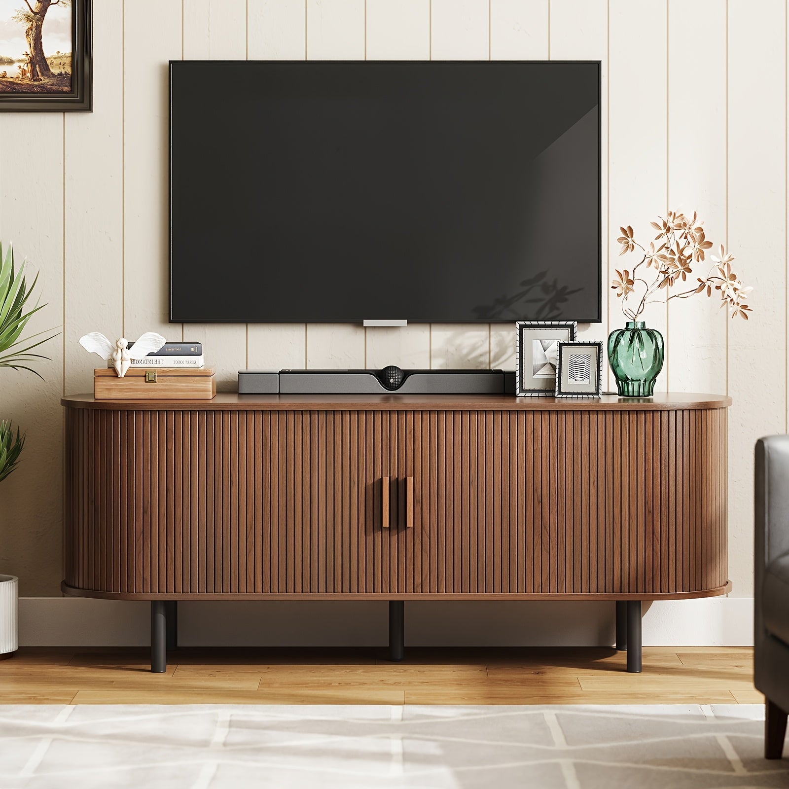 Walnut 140cm TV Stand with Sliding Doors - Fits Up to 60" TVs, Built-in Power Outlet & Adjustable Shelves for Living Room or Bedroom Storage