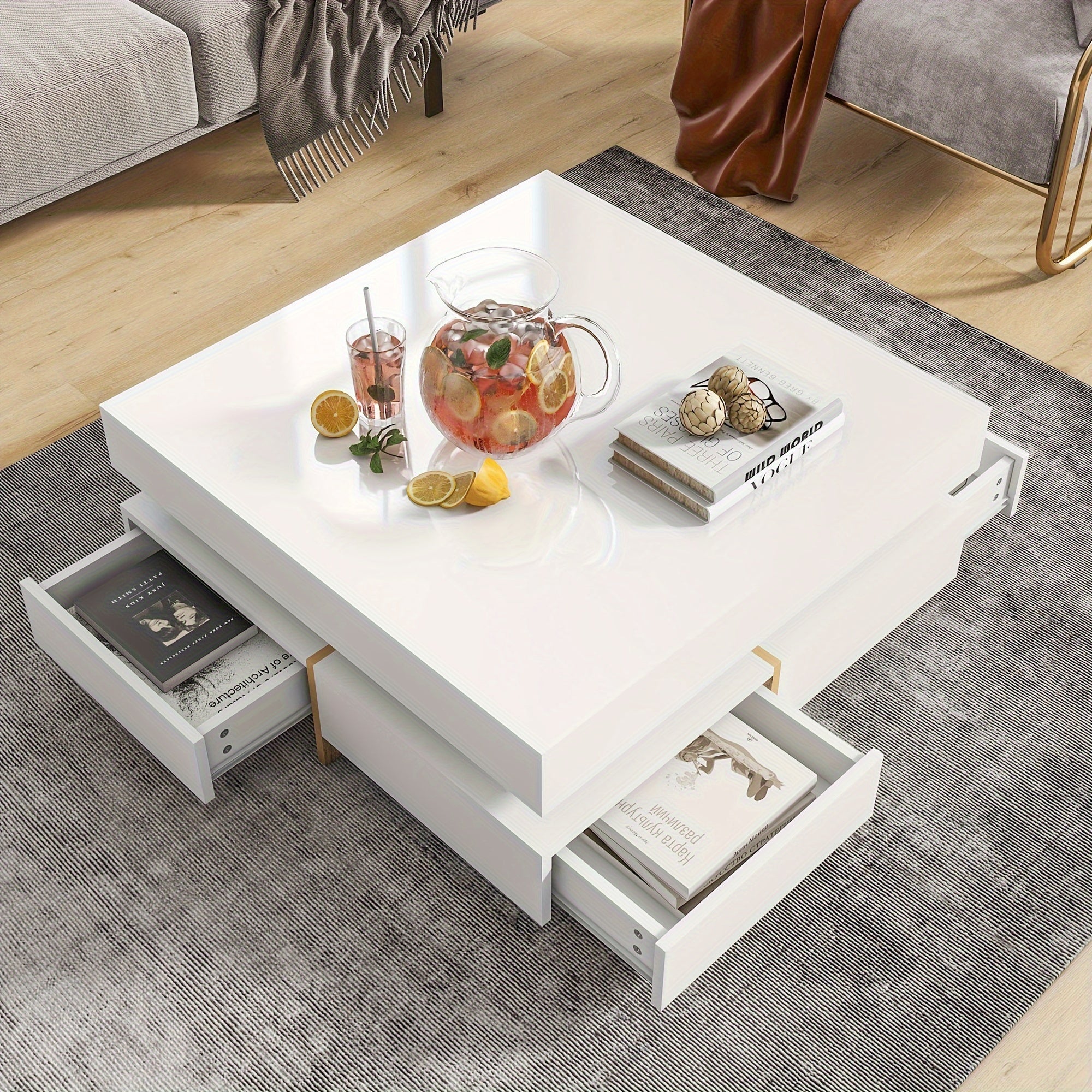 Modern High Gloss Coffee Table with 4 Drawers, Multi-Storage Square Cocktail Tea Table with Wood Grain Legs, Center Table for Living Room