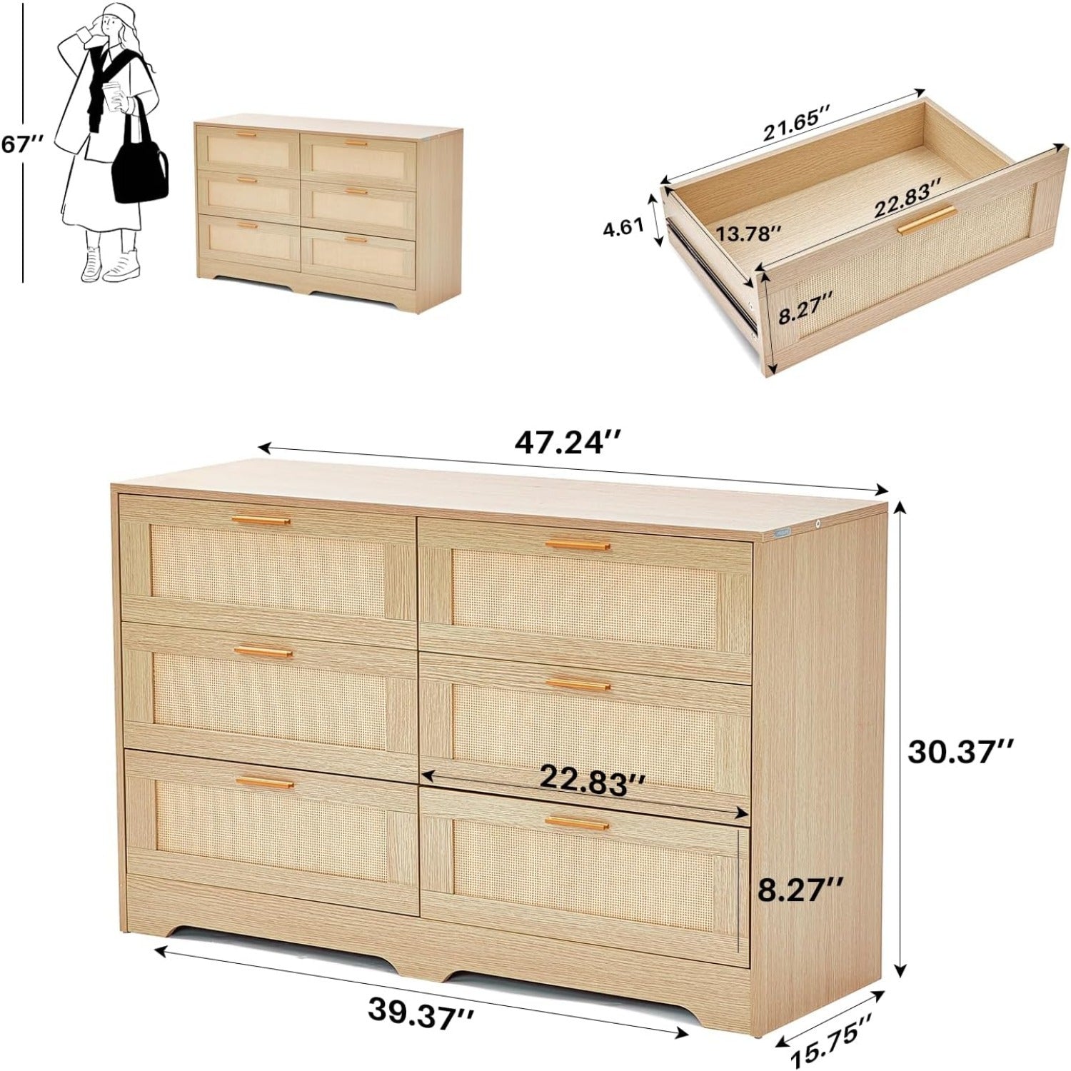 Natural Rattan Dresser for Bedroom, 6 Drawer Rattan Dresser with Gold Handles 30" Tall Double Dresser 40" Wide Wood Storage Closet Dressers Chest of Drawers for Bedroom, Living Room, Hallway