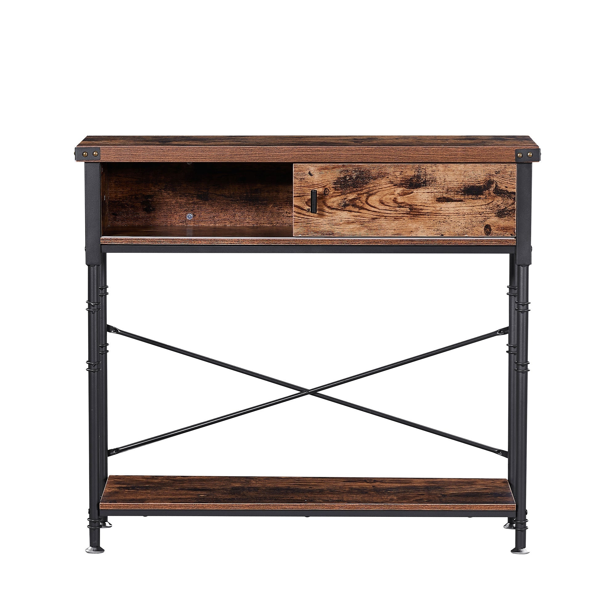 90 cm Console Table with Slide Drawer and Storage Shelf, Stable Metal Frame, Brown