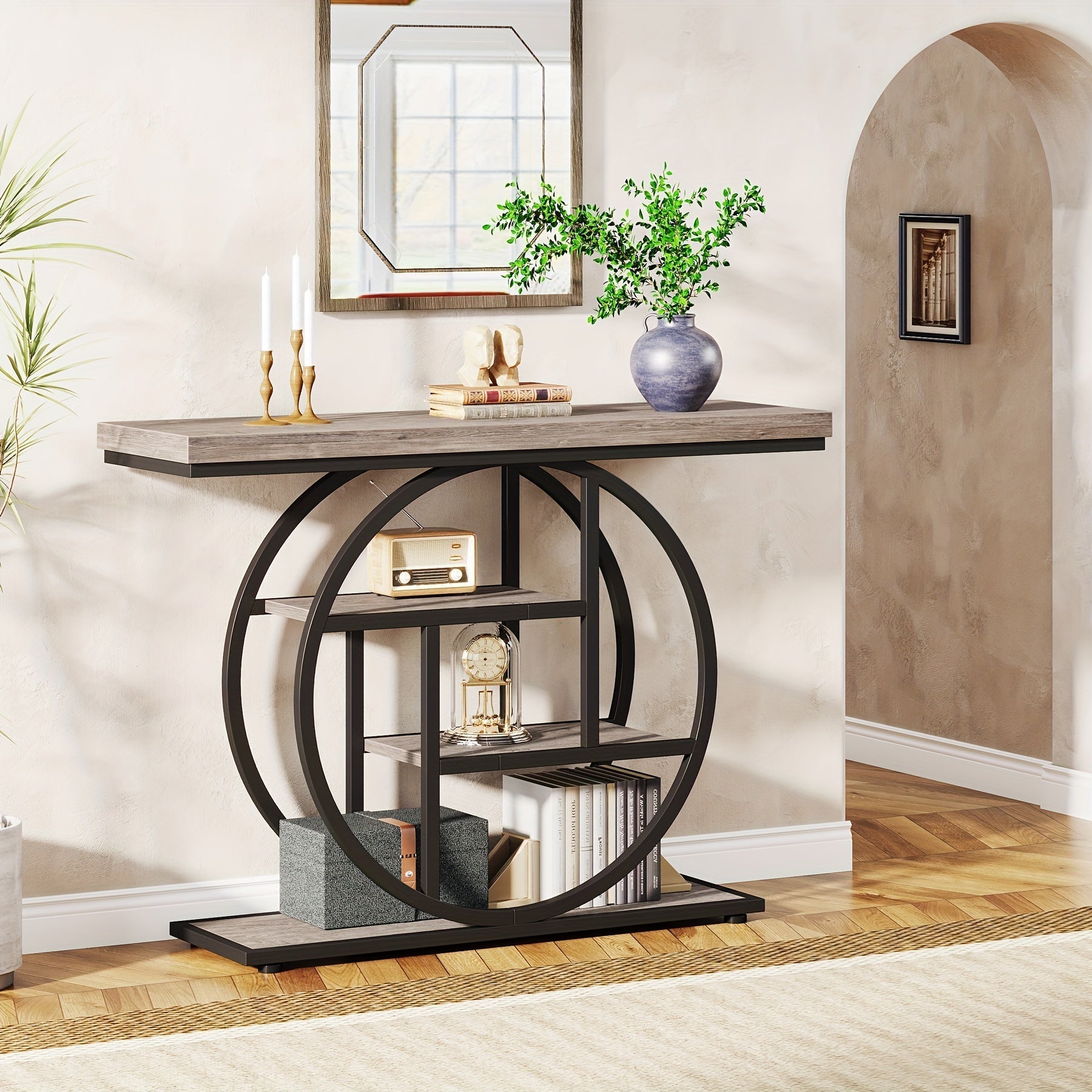 105 cm Console Table, Industrial 4-Tier Sofa Table for Living Room, Wood Entryway Hallway Foyer Table with Black Metal Circle Base, Narrow Gray Accent Table with Storage Shelves