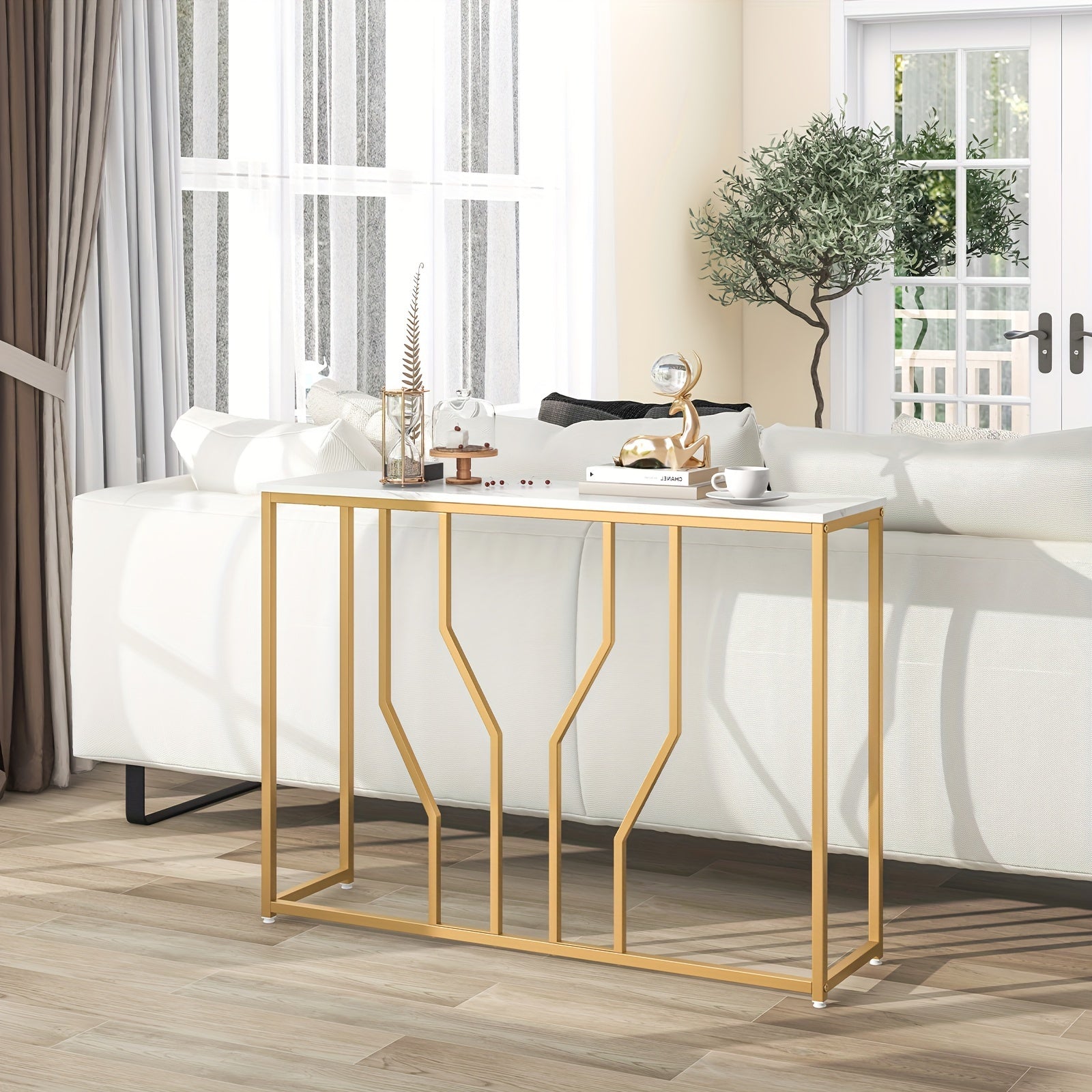 1pc 112cm Golden Console Table with Faux Marble Tabletop and Golden Metal Frame for Entrance