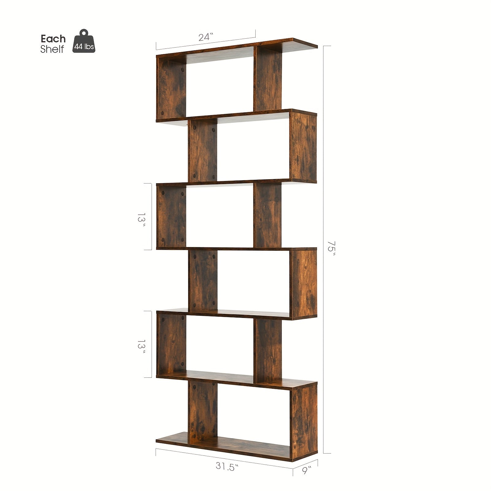 1pc 6 Tier S-Shaped Bookshelf Storage, Display Bookcase Decor Z-Shelf, Coffee