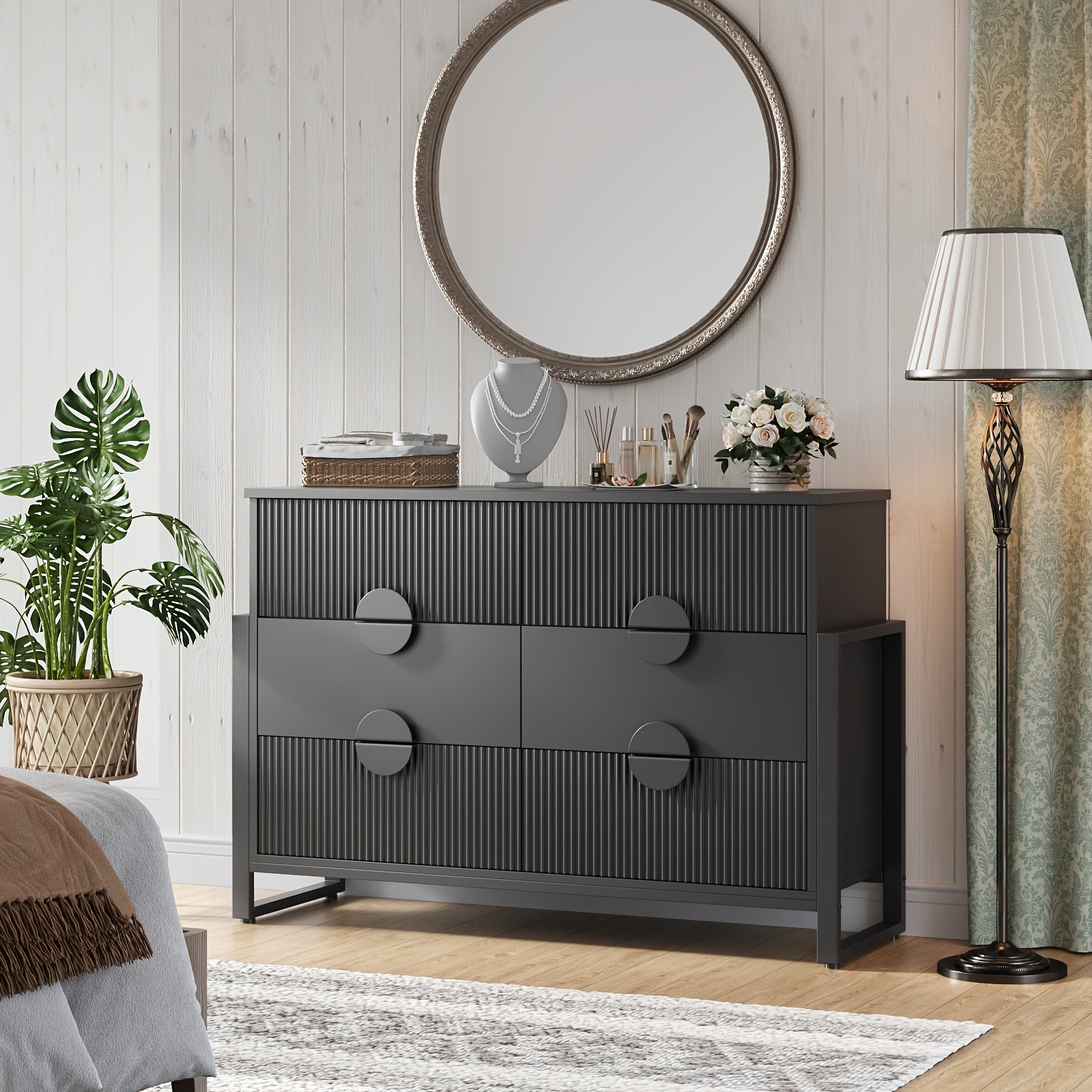 Dresser For Bedroom With 6 Drawers, Wide Chest Of Drawers With Fluted Panel, Storage Organizer Unit With Metal Frame For Closet, Living Room, Hallway, Black