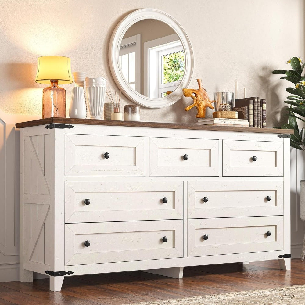 Chic Farmhouse 130cm White Wooden Dresser with 7 Drawers - Spacious Bedroom Organizer, TV Stand & Closet Storage Solution