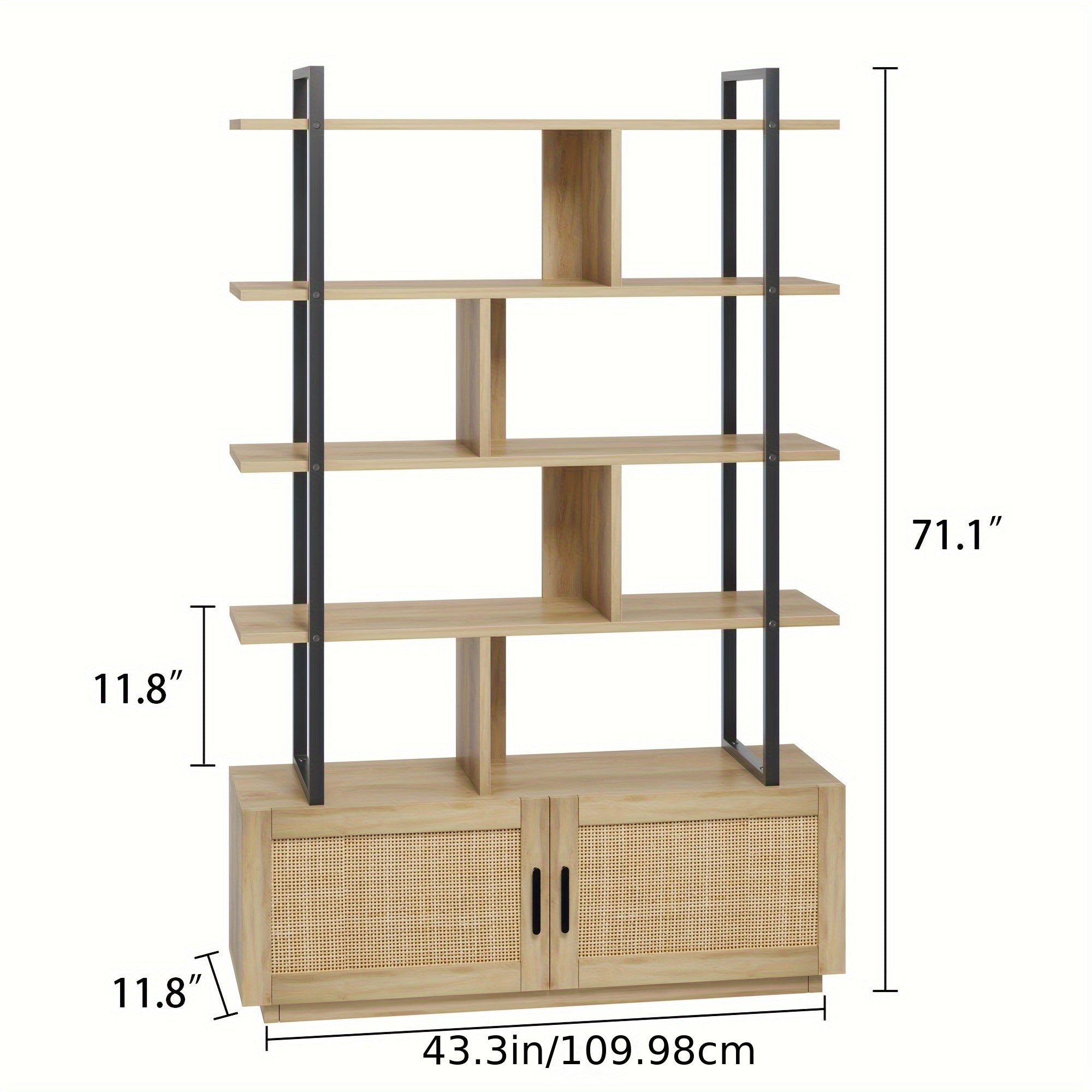 5 -Tier Rattan Bookshelf with Storage Cabinet & Door, 71.1''Tall Industrial Book Shelf with Open Display Shelves, Bookcase with Metal Frame for Living Room, Bedroom