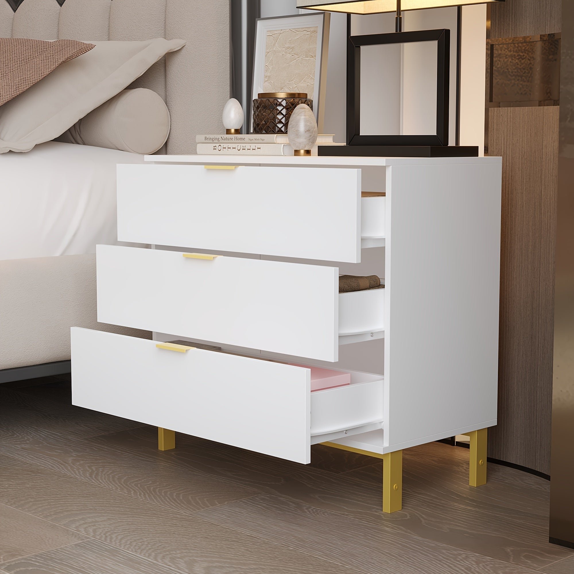 Modern Elegance Three-Drawer Nightstand With Gold Accents