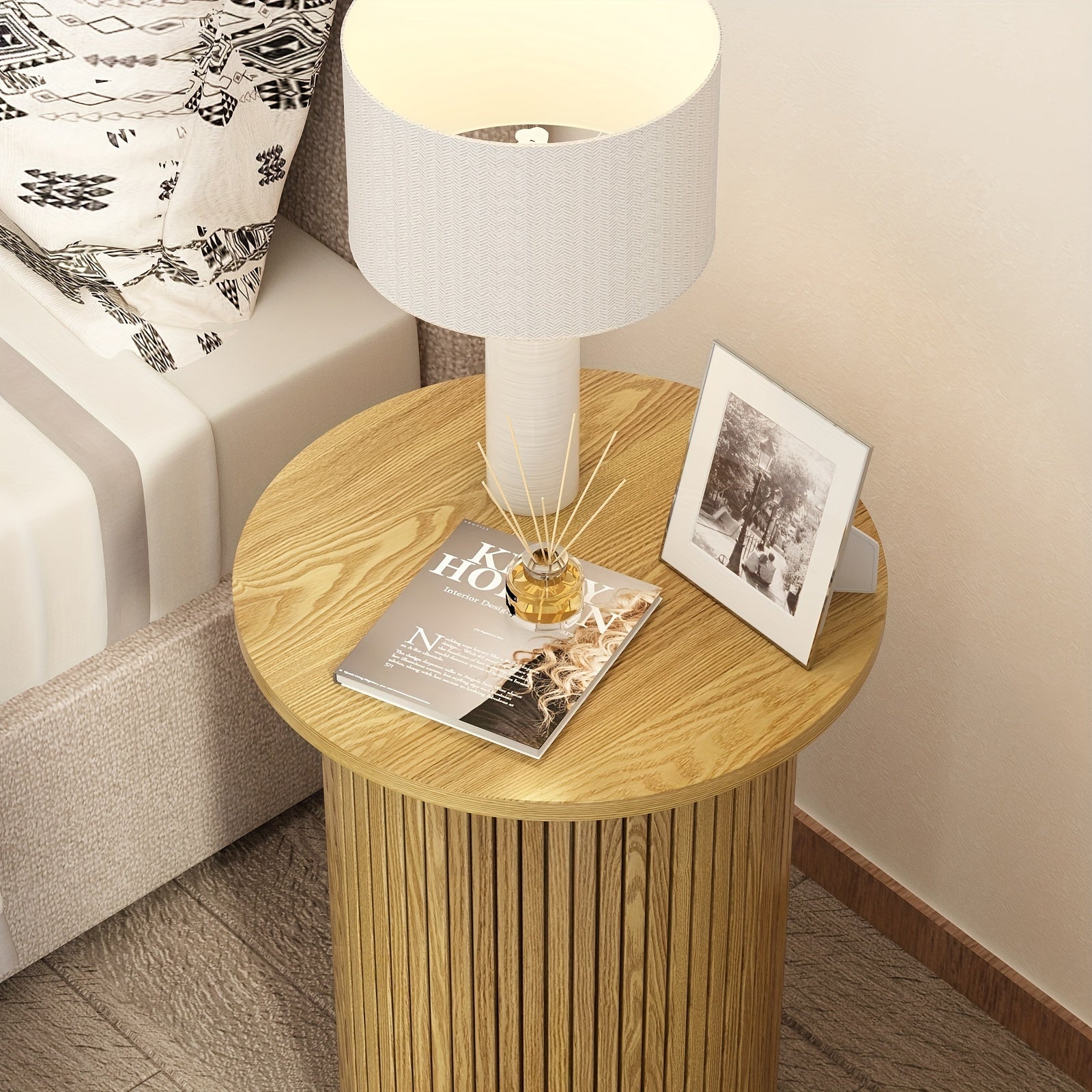 Round Fluted End Table, Small Accent Pedestal Nightstand For Living Room & Bedroom, Modern Wood Bedside Table With Natural Finish