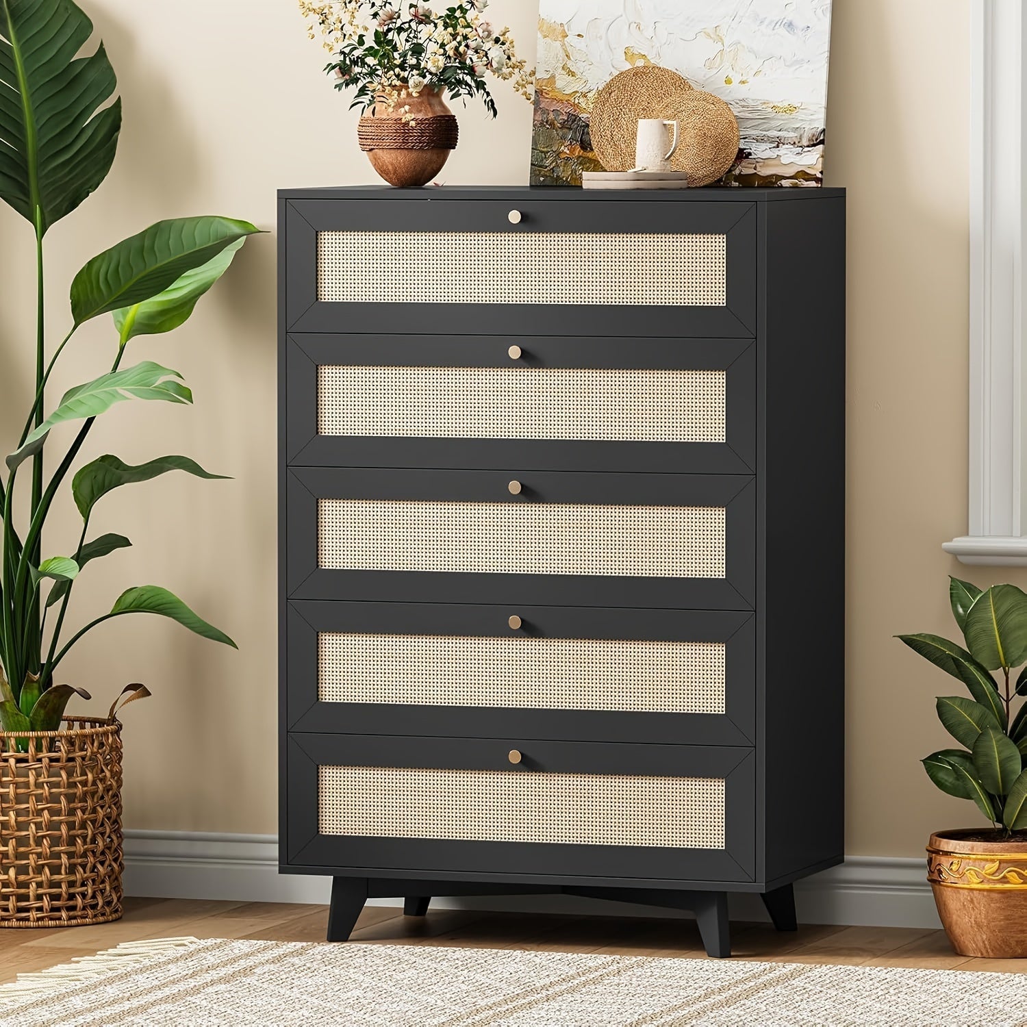 Modern Tall Bedroom Dresser Rattan Dresser For Bedroom With 5 Drawer Chest Of Drawers For Living Room