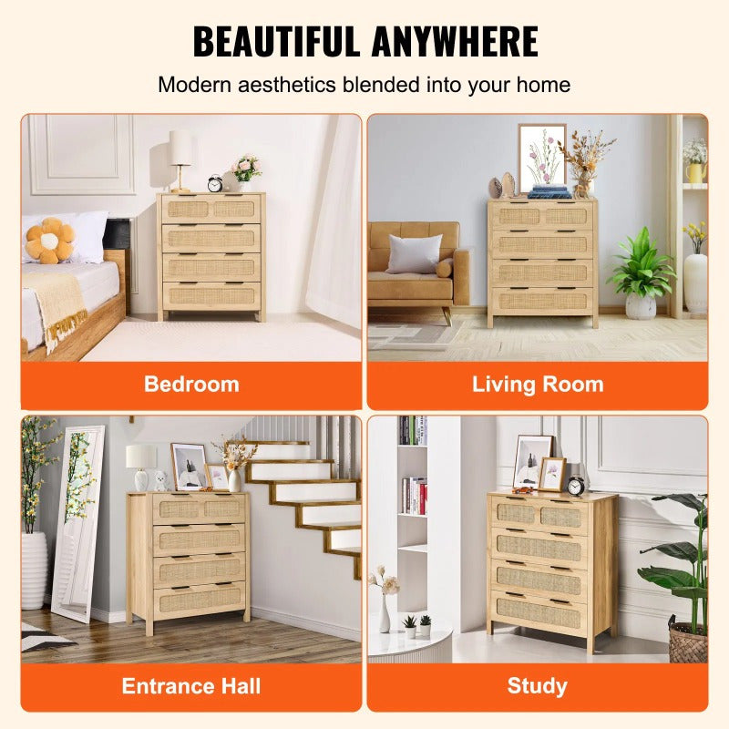 7 Drawer Rattan Dresser Boho Dresser Natural Rattan Chest of Drawers with Spacious Storage for Bedroom Living Room and Hallway Rattan Nightstand with Sturdy HandlesandLegs Natural Wood