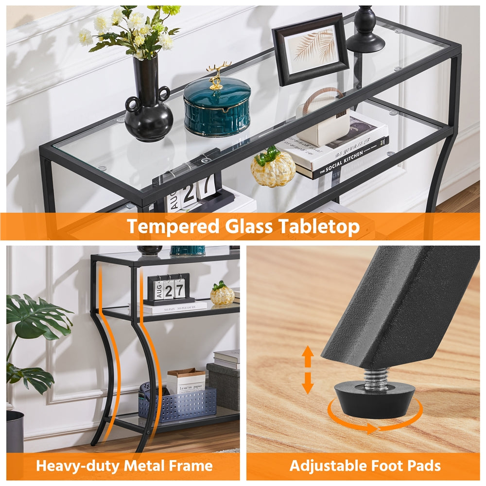 107 cm 3-Tier Tempered Glass Console Table, Modern Glass Sofa Table, Entryway Table with Lower Shelf, Black