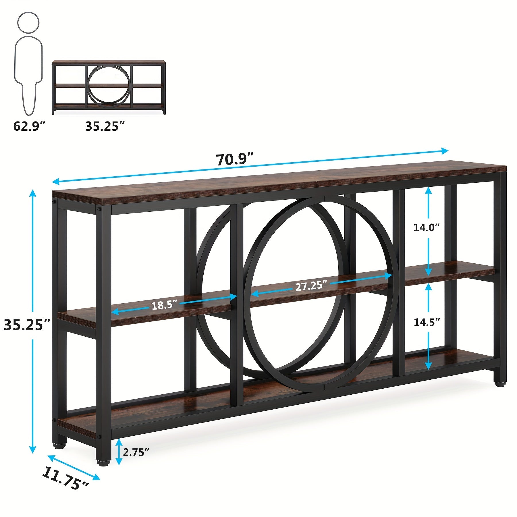 Little Tree Extra Long Console Table - 180 cm Narrow Sofa Table in Black Metal & Wood Finish with 3-Tier Storage Shelves, Stain-Resistant for Entryway, Hallway, Living Room - Chic & Functional Design, Living Room Table