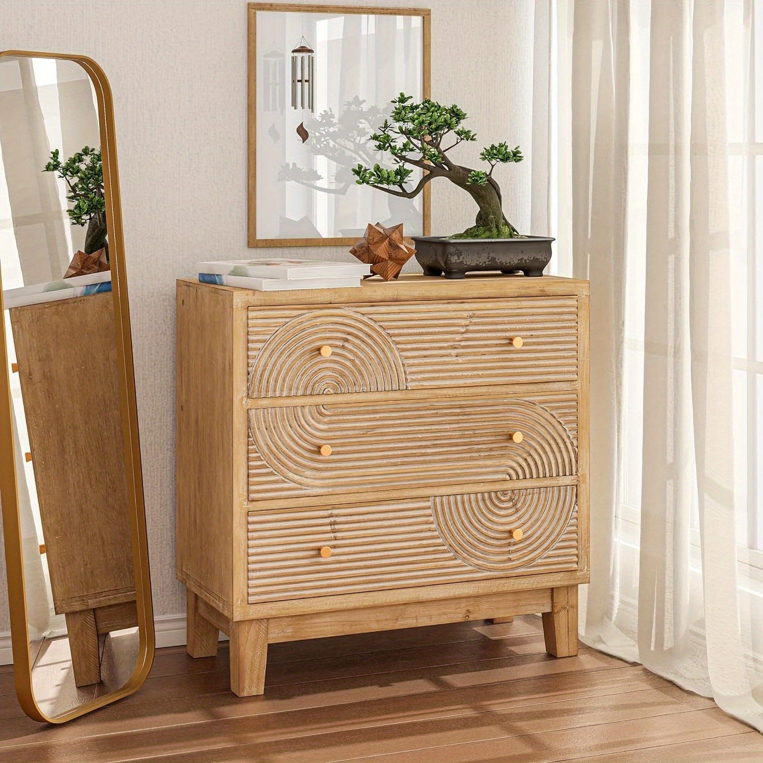 3-Drawer Farmhouse Dresser with Handicraft Wood Ring Motif, Fully Assembled Nightstand Wooden Finish for Boho, Mid-Century, Natural Wood, Rustic Style