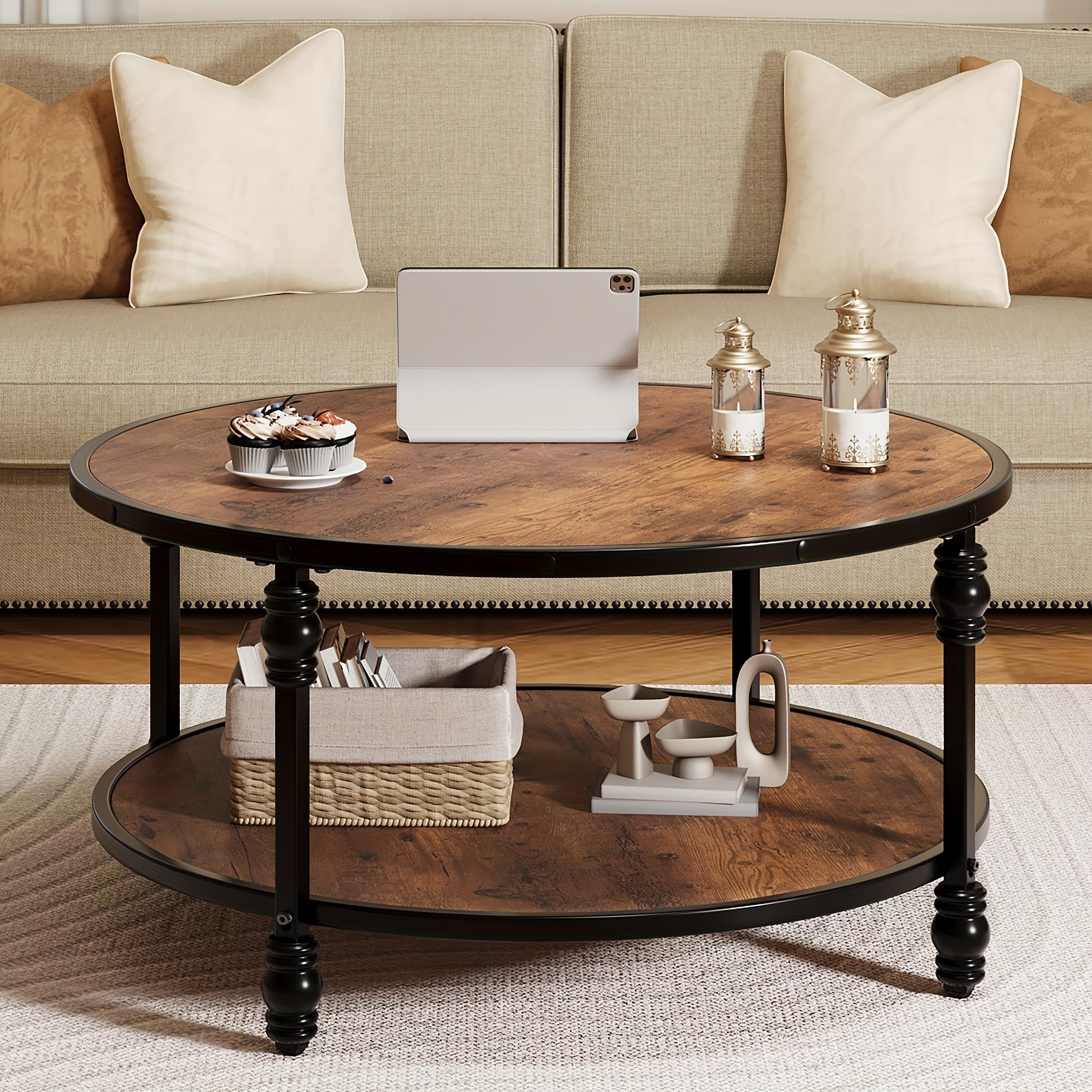 Round Coffee Table 88cm Industrial Center Table with Storage Shelf 2-Tier Rustic Accent Center Table Wood Circle Coffee Table with Sturdy Metal Legs, Easy Assembly