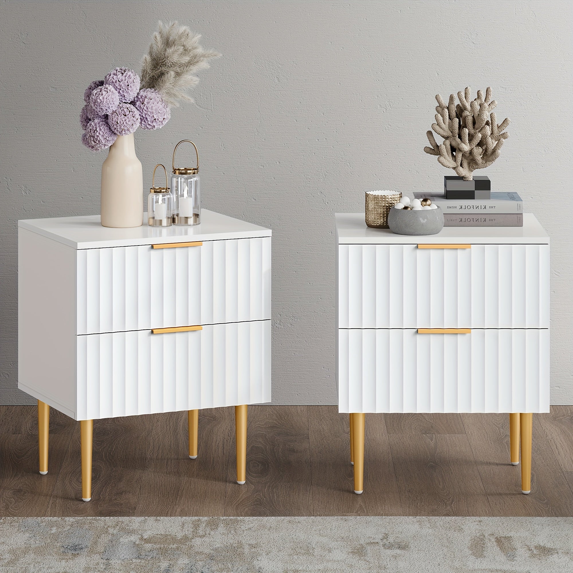 Nightstand, Mid Century Modern Night Stand With Fluted Panel, White Bedside Table With 2 Drawer, End Table With Gold Leg For Bedroom