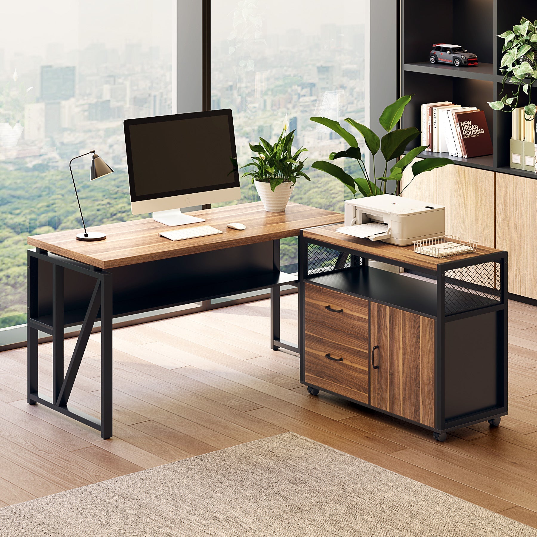 140 cm / 160 cm L-Shaped Executive Desk with Storage Shelves and Mobile File Cabinet